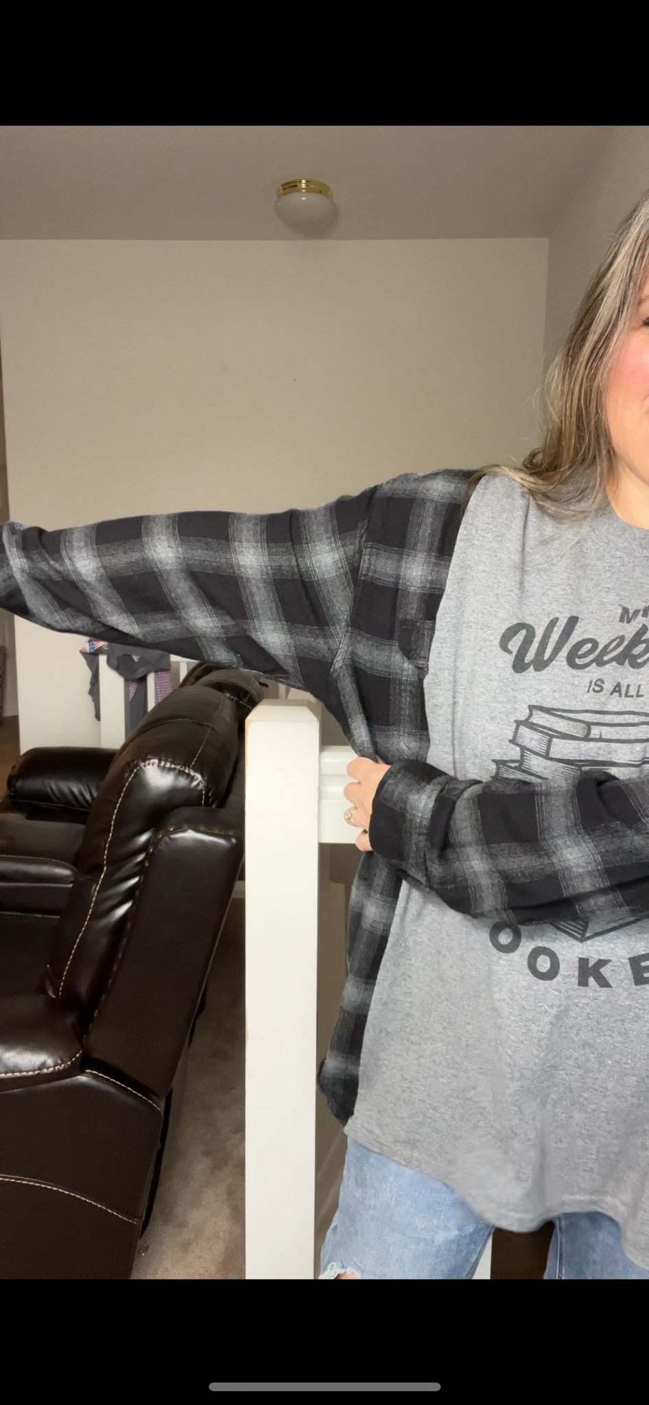 Upcycled Booked – women’s 2X long T-shirt with flannel sleeves