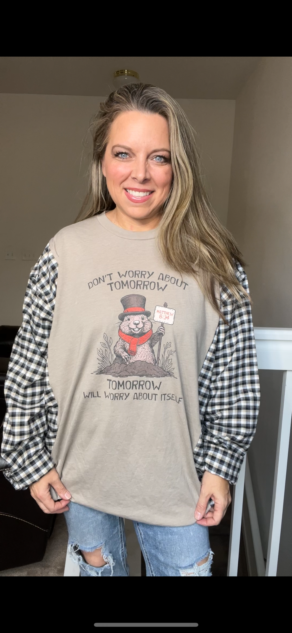 Upcycled Don't Worry - womans 3X/4X - Tshirt with flannel sleeves