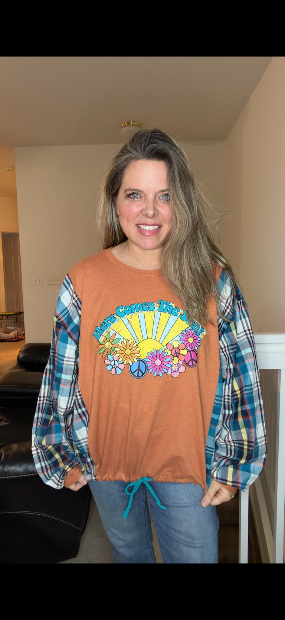 Upcycled Comes Sun - women's XL/1X T-shirt with thin flannel sleeves