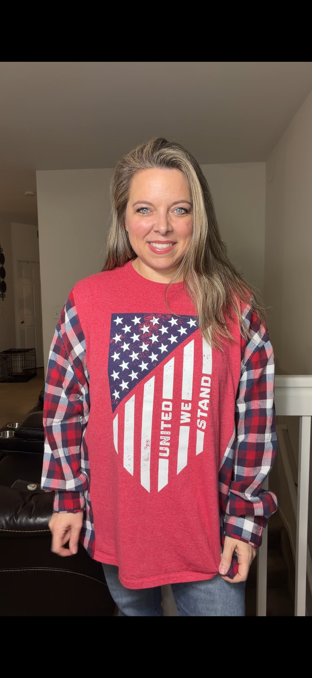 Upcycled Flag - women's 3X/4X T-shirt with flannel sleeves