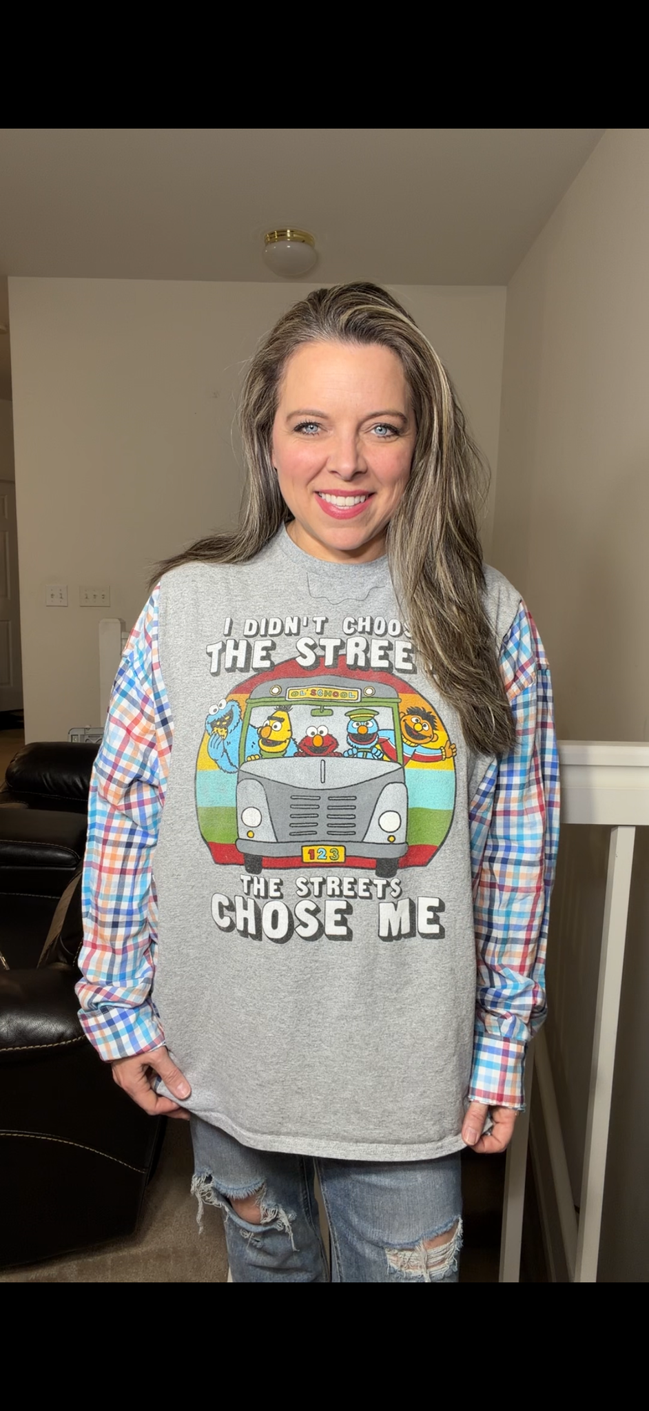 Upcycled Sesame Street – women's 2X T-shirt with cotton sleeves – sleeves, more narrow ￼