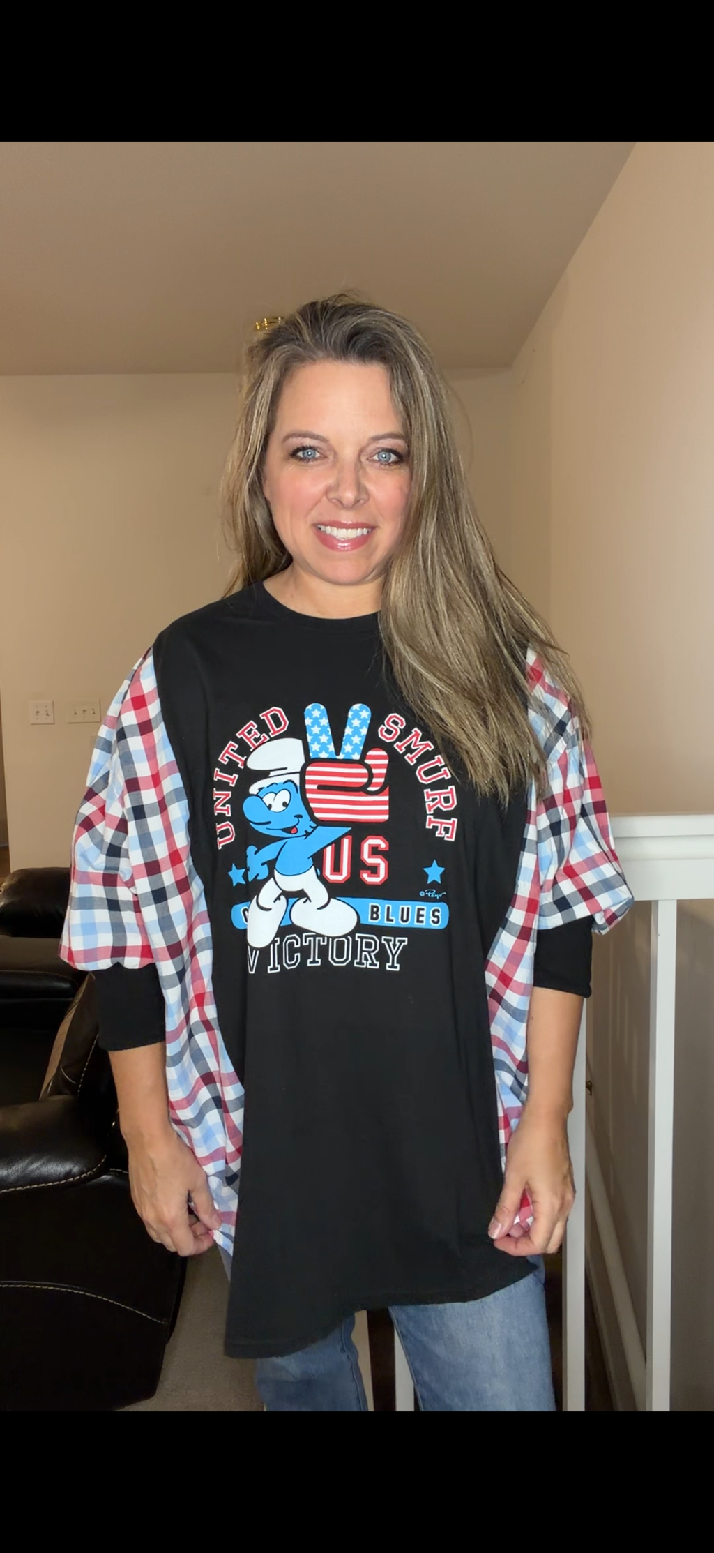 Upcycled Smurf USA - women's 2X/3X T-shirt with 3/4 sleeves ￼