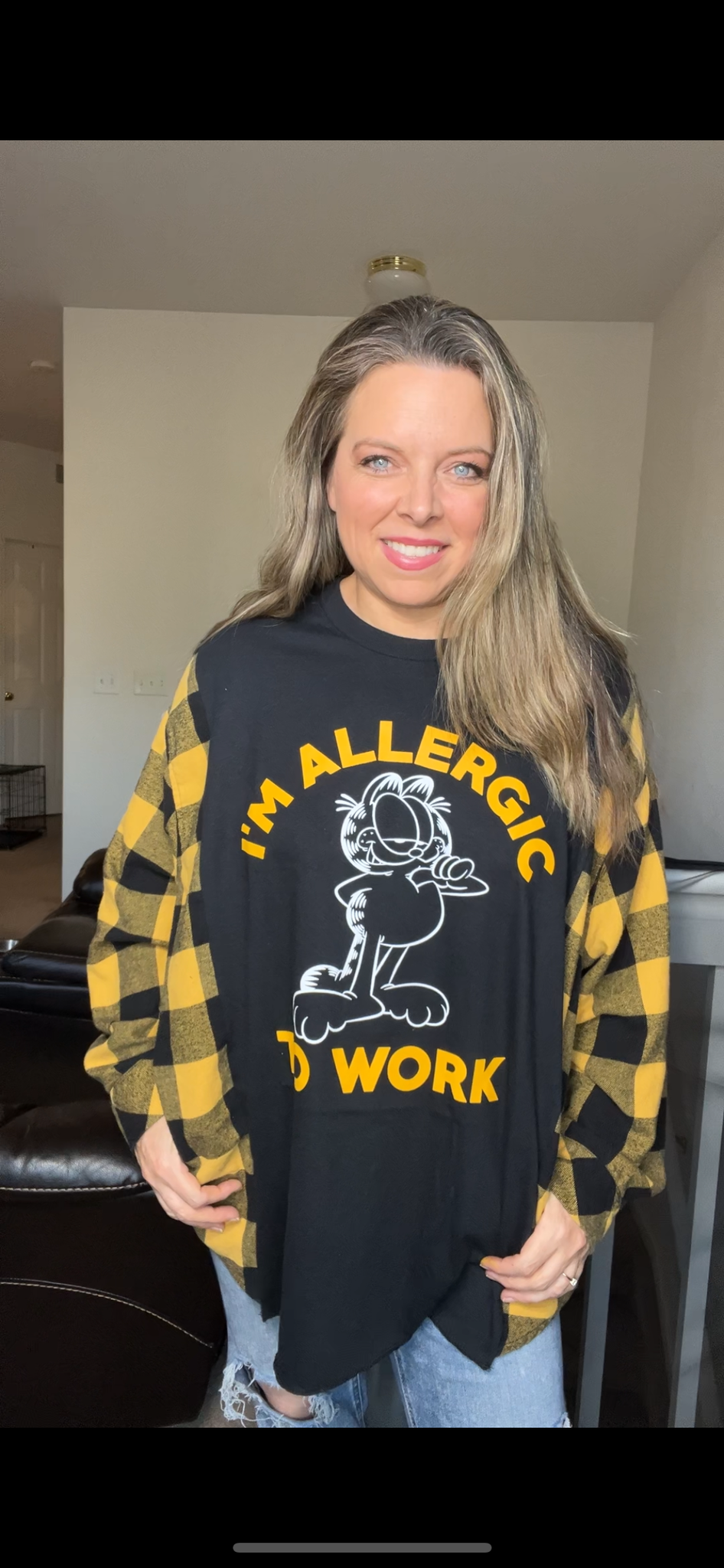 Upcycled Garfield – women’s 2X/3X T-shirt with flannel sleeves