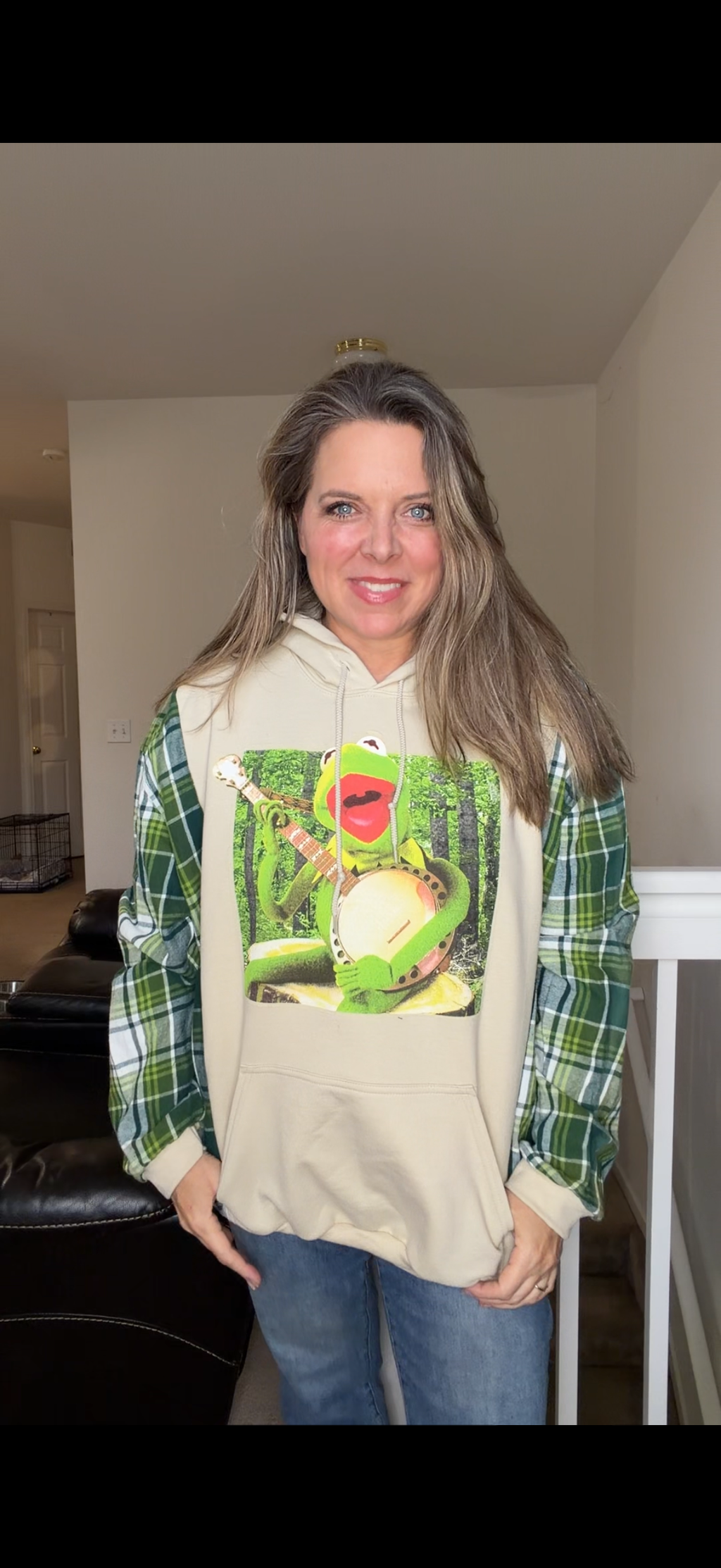 Upcycled Kermit - women's 2X midweight sweatshirt with flannel sleeves