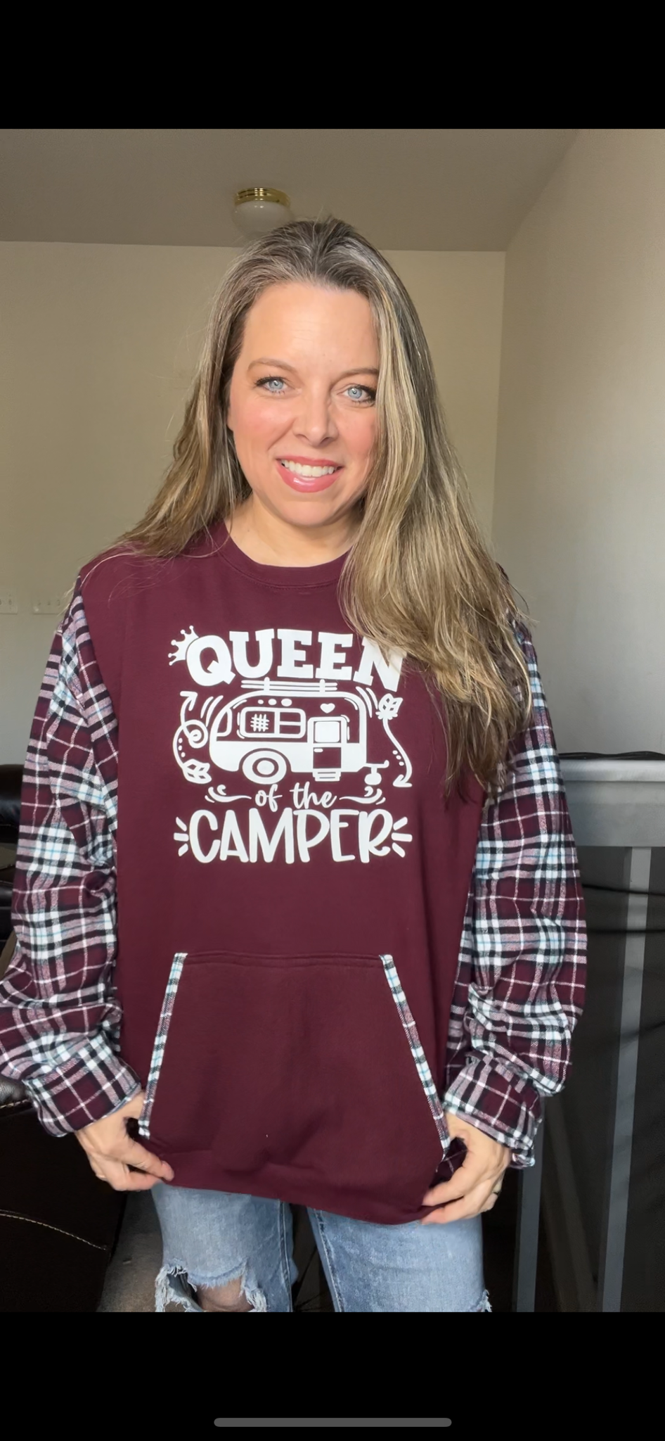 Upcycled Camping queen – women’s 3X midweight sweatshirt with flannel sleeves