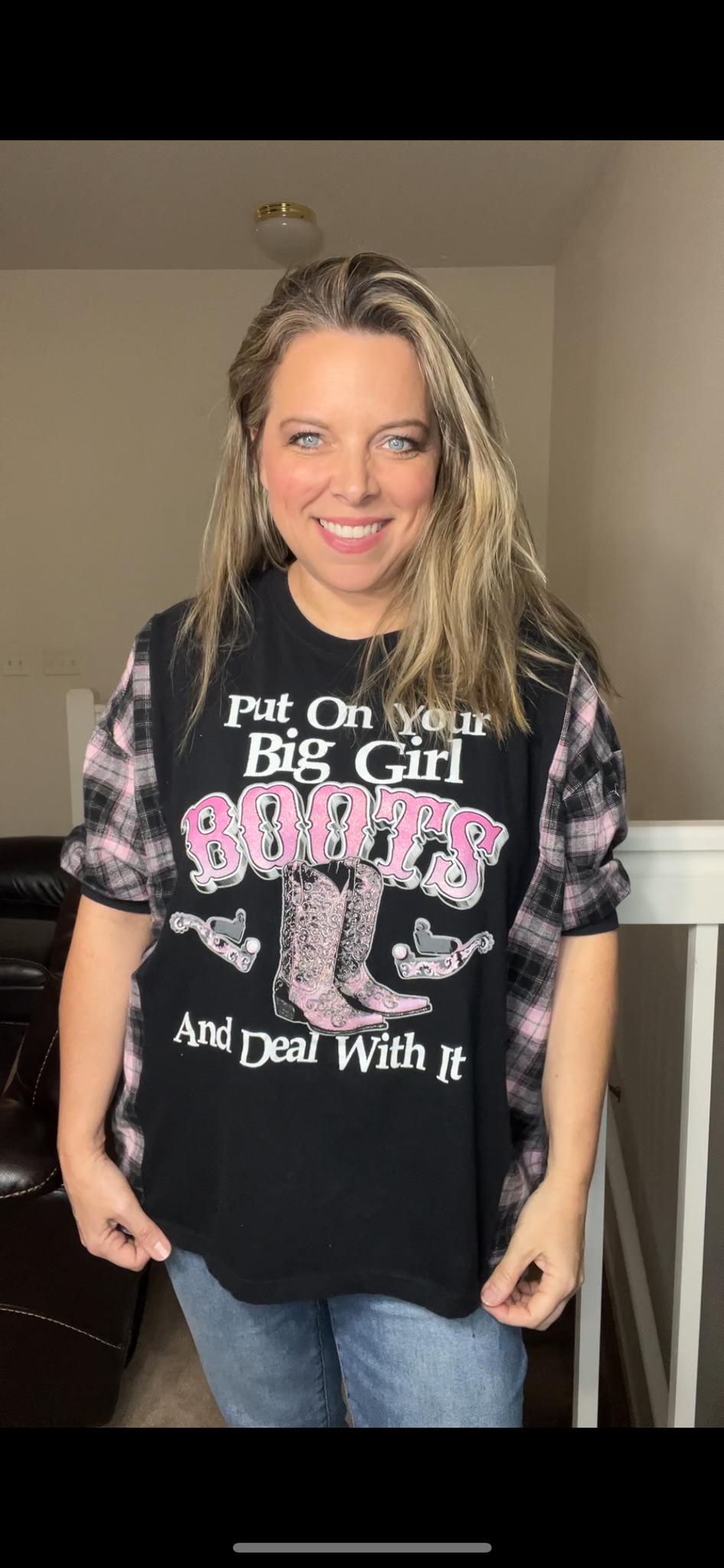 Upcycled Boots – women’s XL T-shirt with short flannel sleeves
