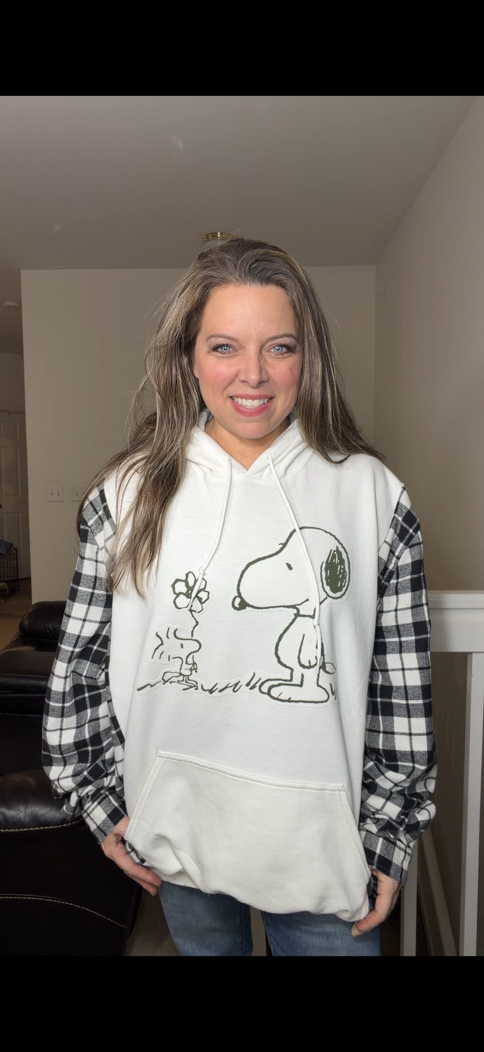 Upcycled Snoopy - women's 4X midweight sweatshirt with flannel sleeves