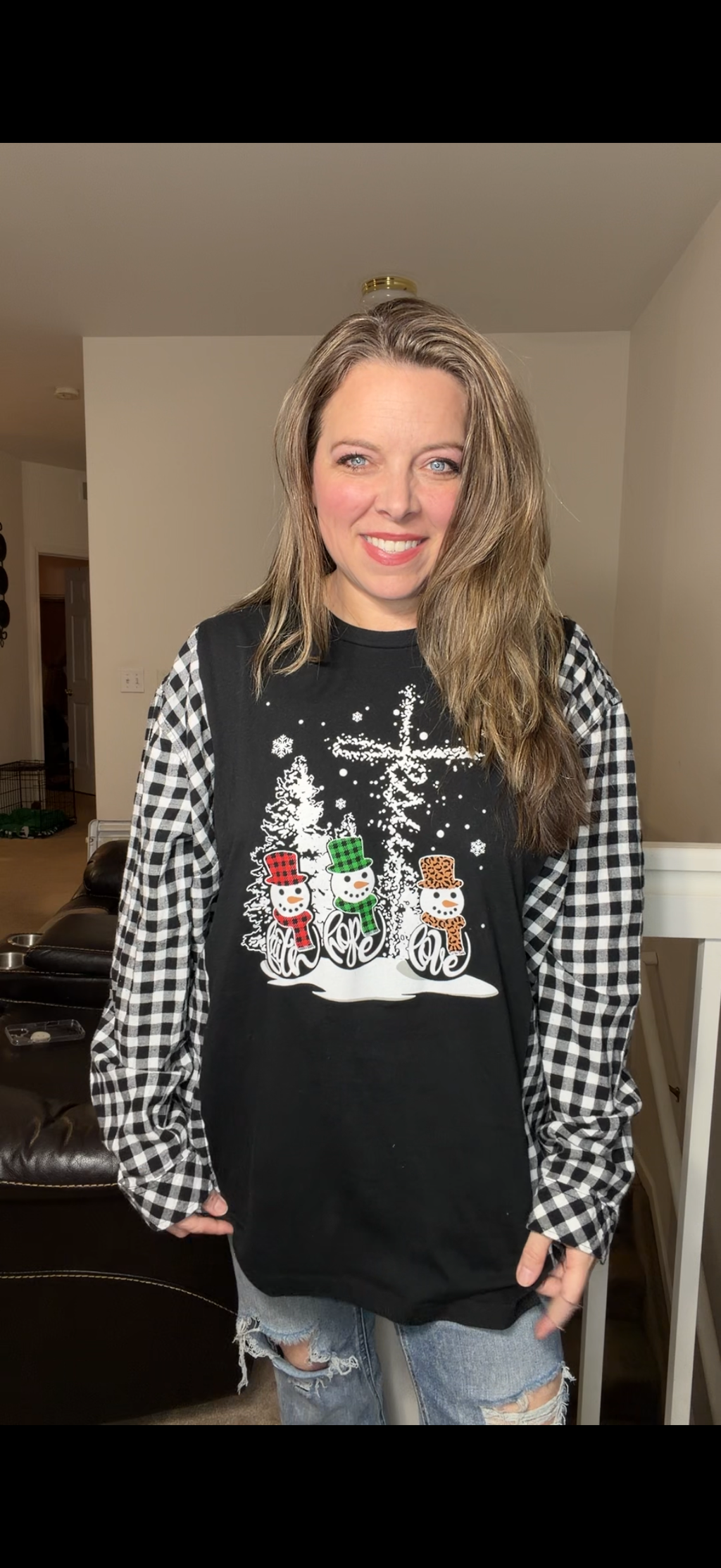 Upcycled Jesus snowman – women's 2X T-shirt with flannel sleeves ￼