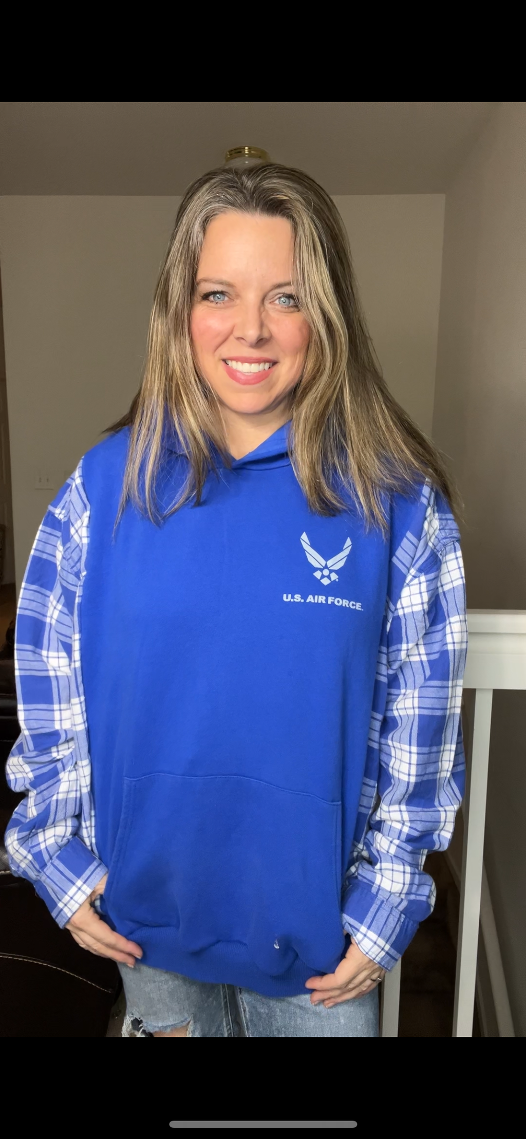 Upcycled Air Force – women’s 3X/4X midweight sweatshirt within flannel sleeves