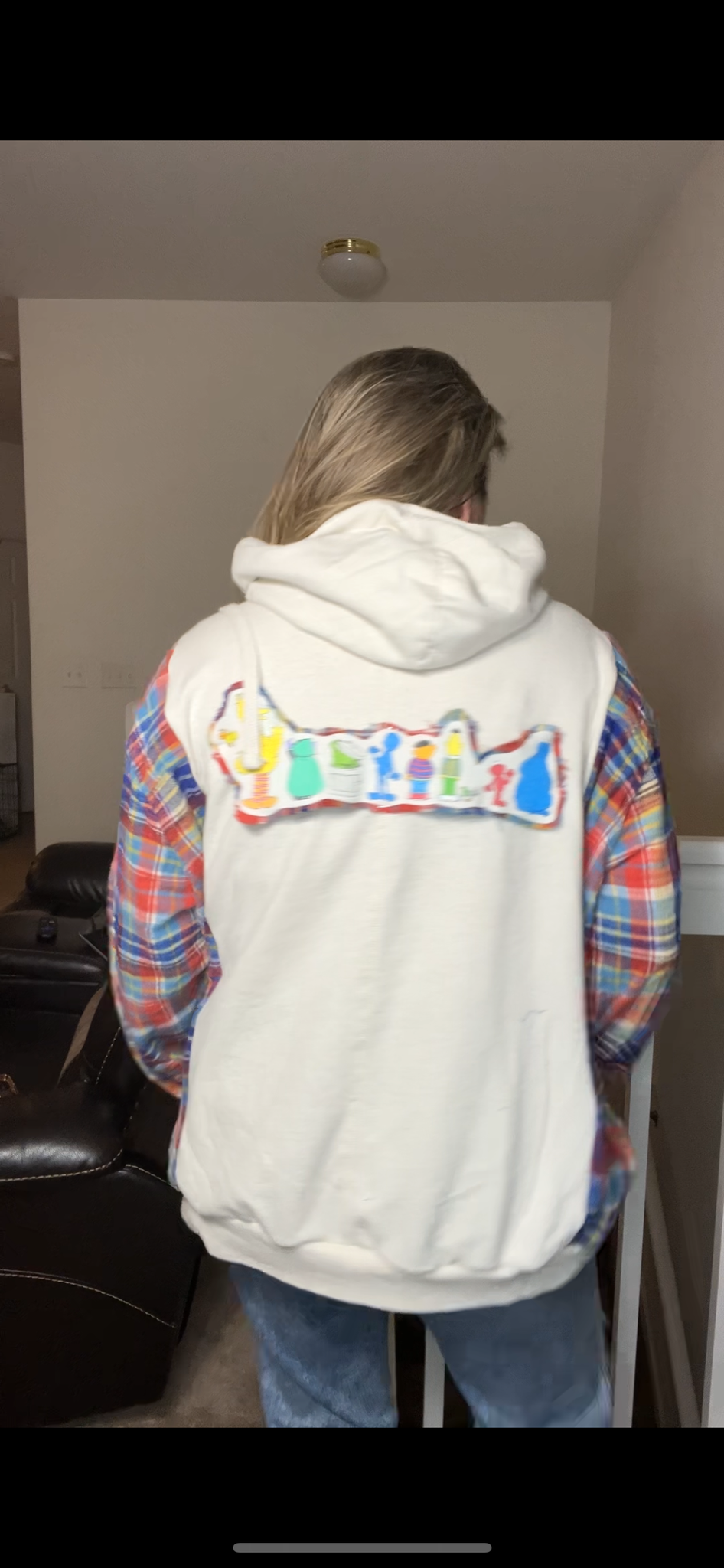 Upcycled Sesame Street – women’s 1X midweight sweatshirt with flannel sleeves