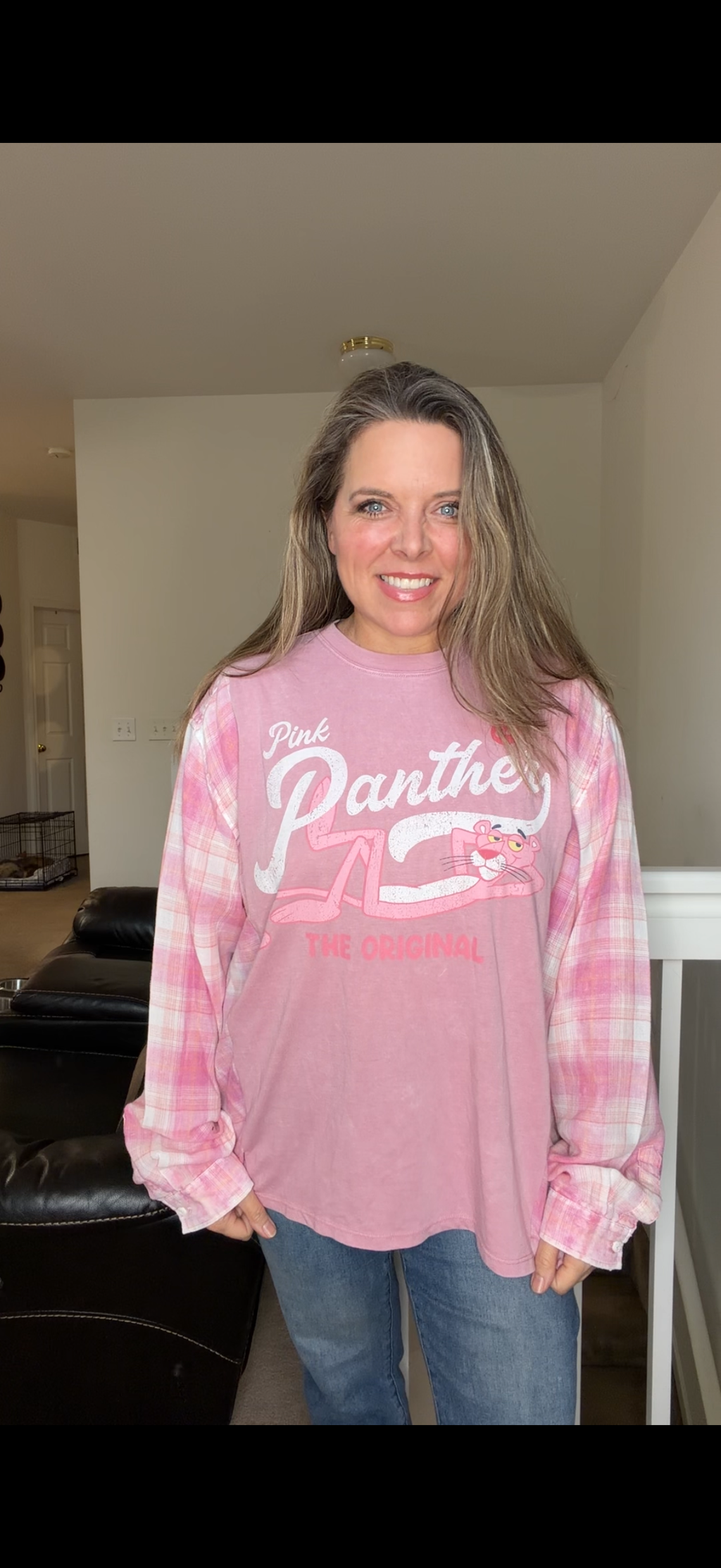 Upcycled Pink Panther - women's 1X T-shirt with very thin flannel sleeves