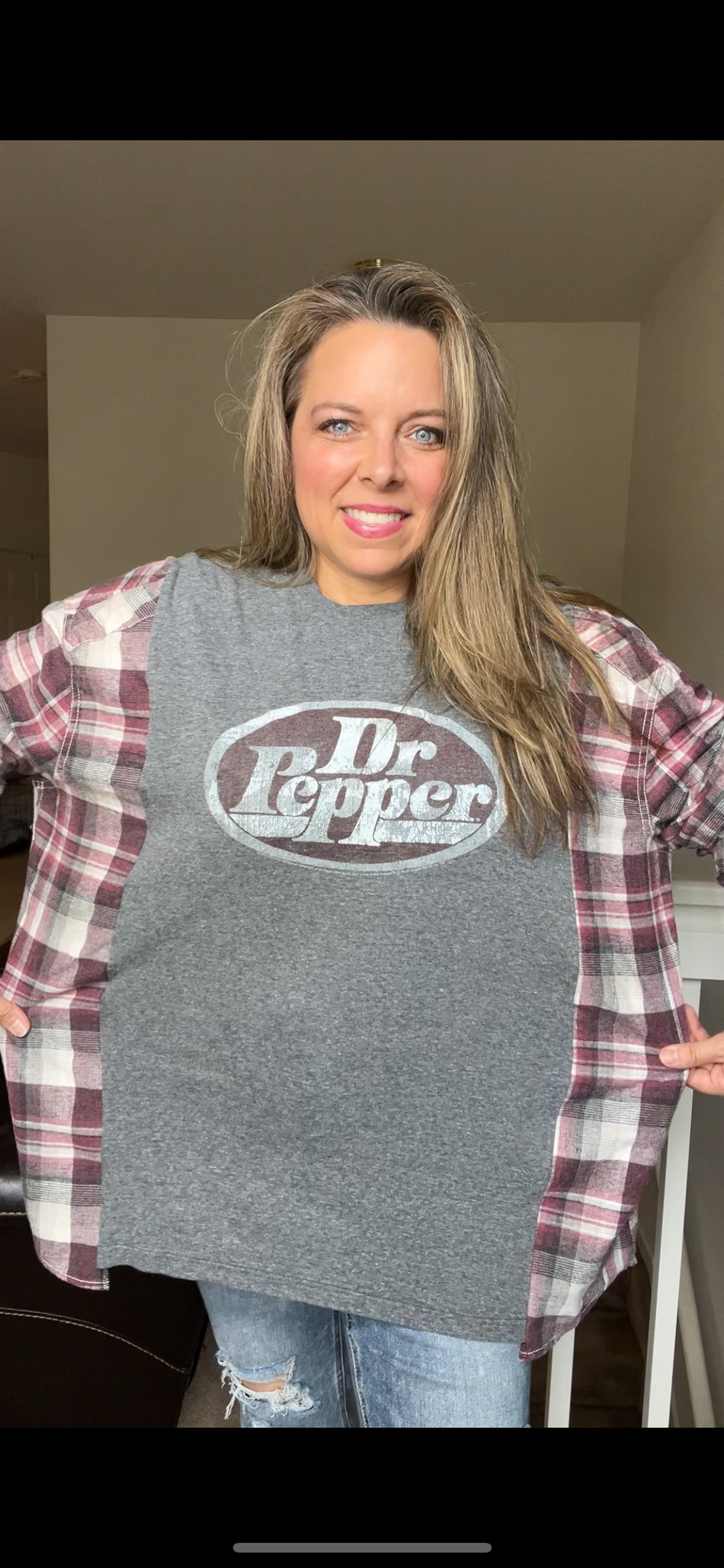 Upcycled Dr Pepper – women’s 2X/3X – thin t-shirt with flannel sleeves￼