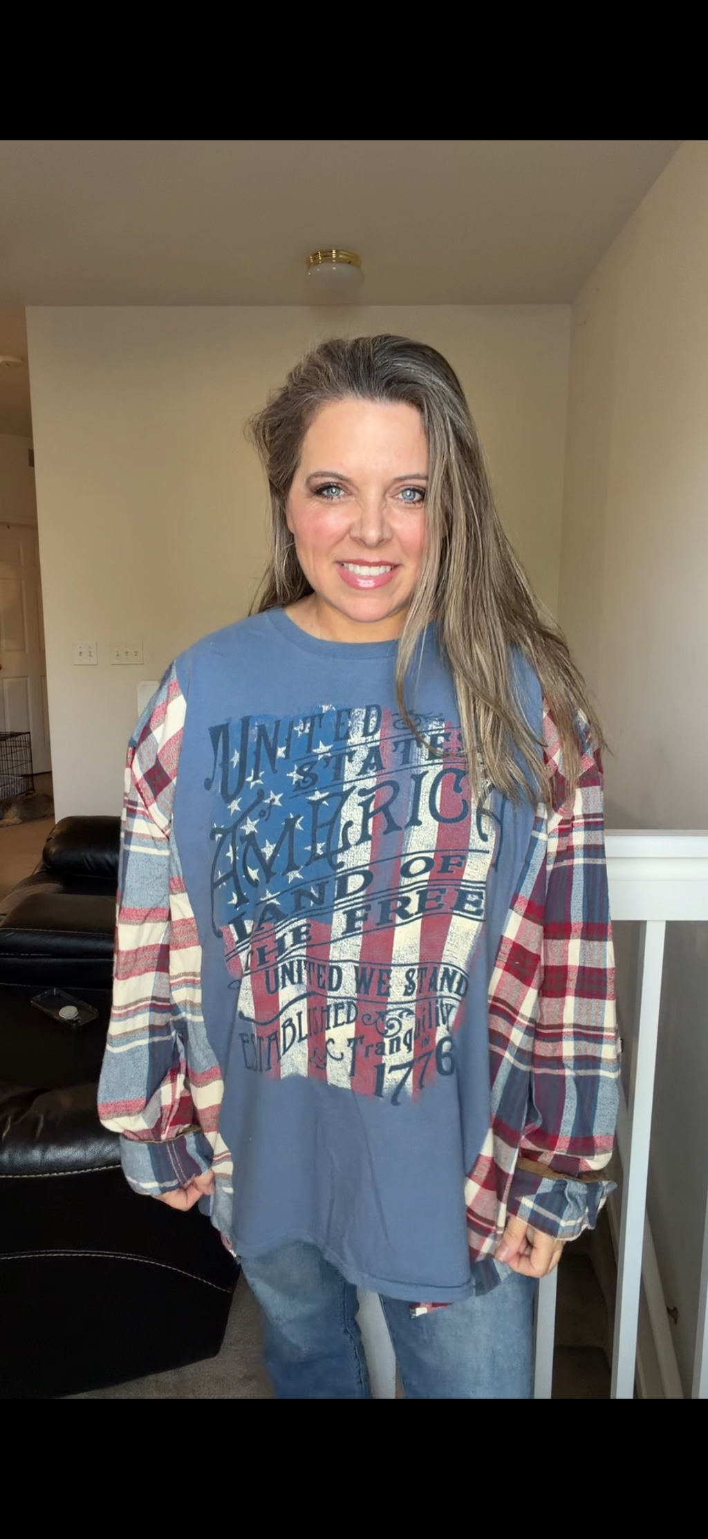 Upcycled Land Free - women's 2X/3X T-shirt with flannel sleeves