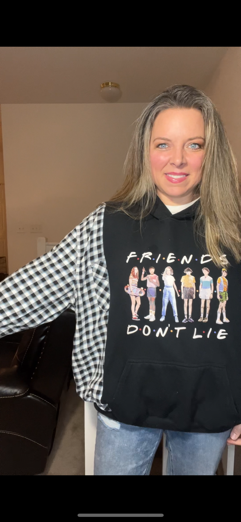 Upcycled Stranger Things￼/Friends - Women’s XL/1X – midweight sweatshirt with thin flannel sleeves￼