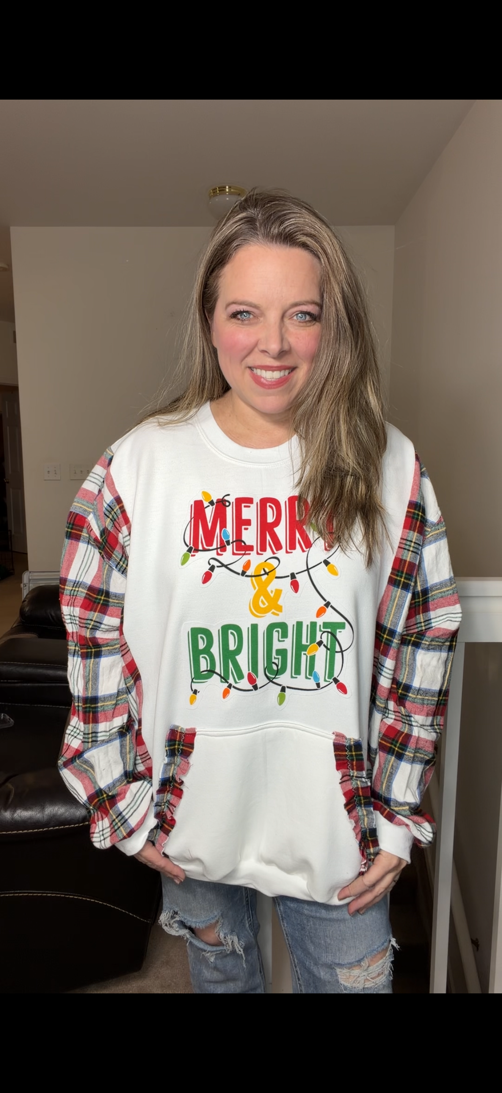 Upcycled Merry and Bright – women's 4X midweight sweatshirt with flannel sleeves