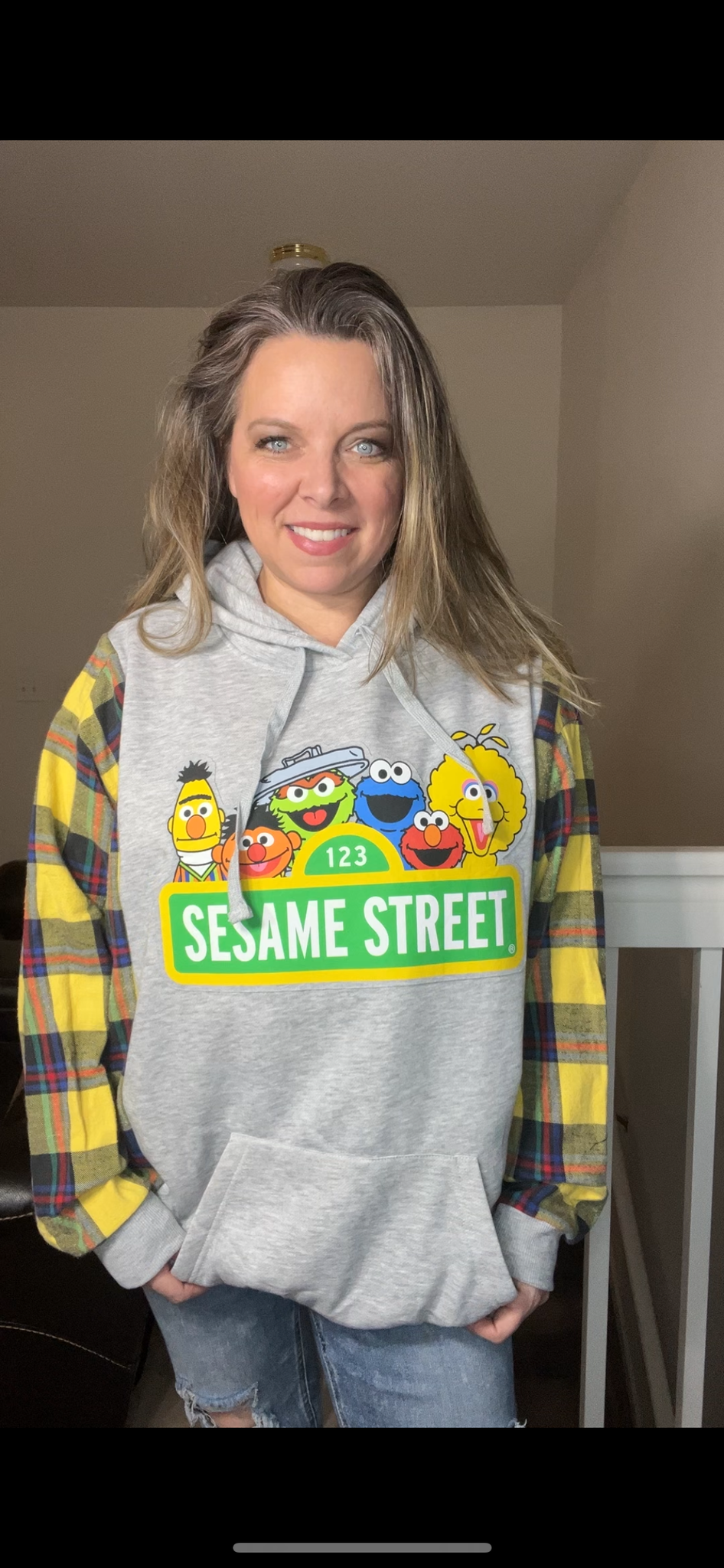 Upcycled Sesame Street – women’s 3X midweight sweatshirt with flannel sleeves