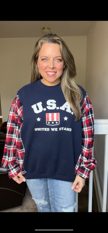 Upcycled USA – women’s L/XL midweight sweatshirt with flannel sleeves￼