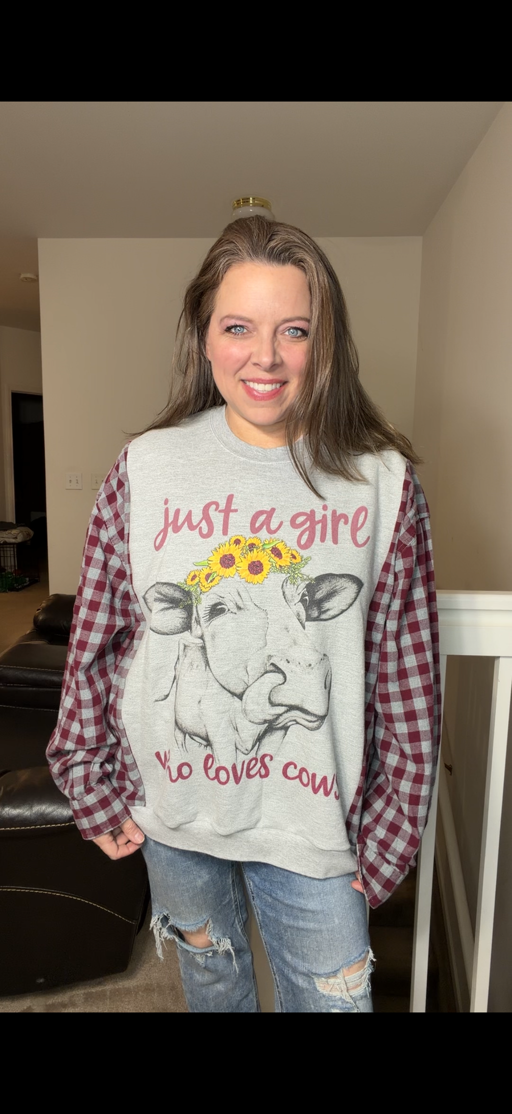 Upcycled Cow - women's large midweight sweatshirt with flannel sleeves ￼