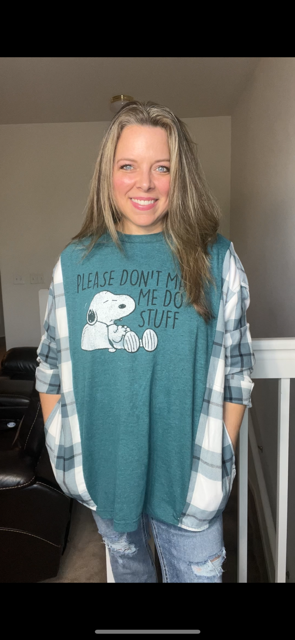 Upcycled Snoopy Tshirt – women’s one X/2X – Tshirt with flannel sleeves ￼