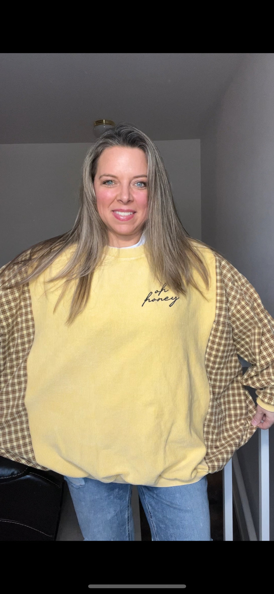 Upcycled Honey – women’s 2X/3X – ribbed sweatshirt with flannel sleeves ￼