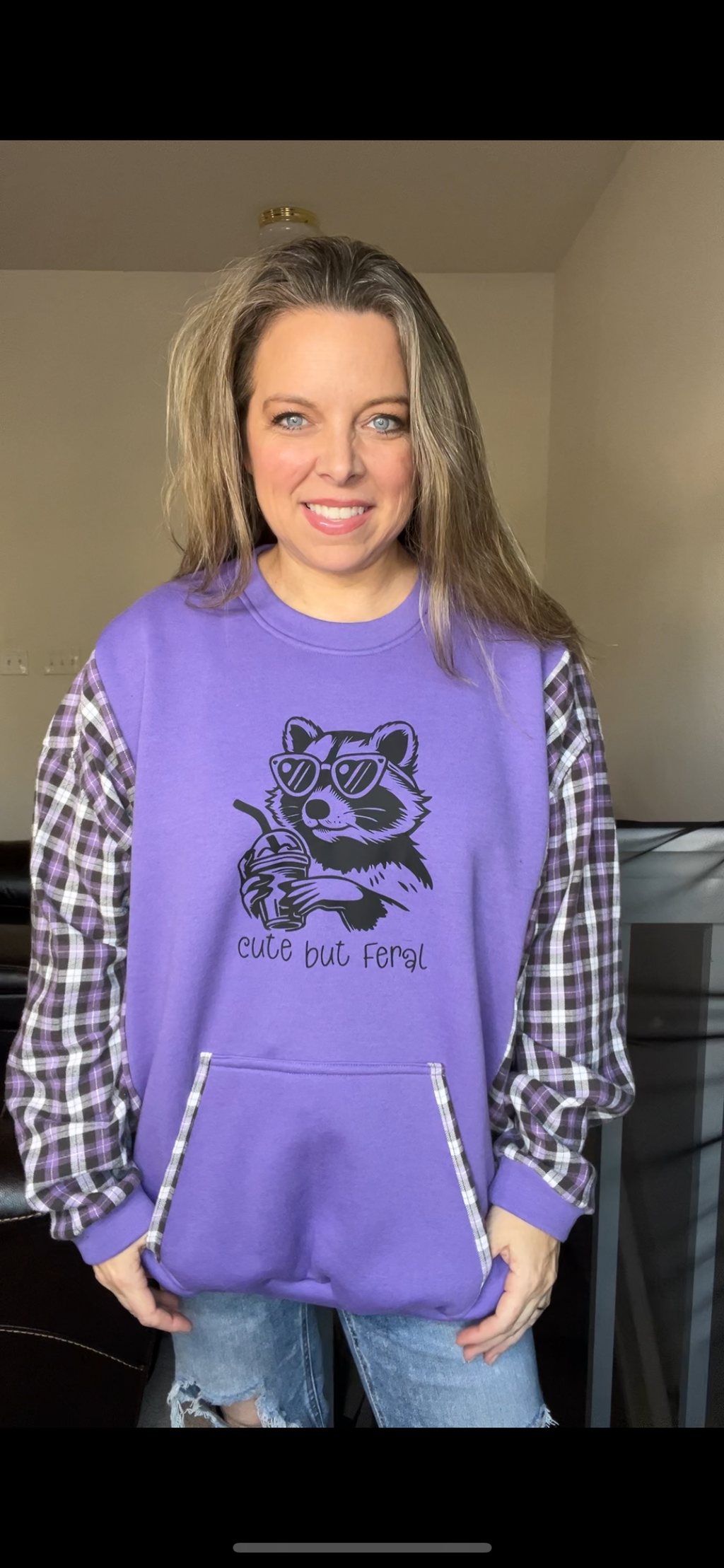 Upcycled Cute but Feral – women’s 2X/3X midweight sweatshirt with flannel sleeves