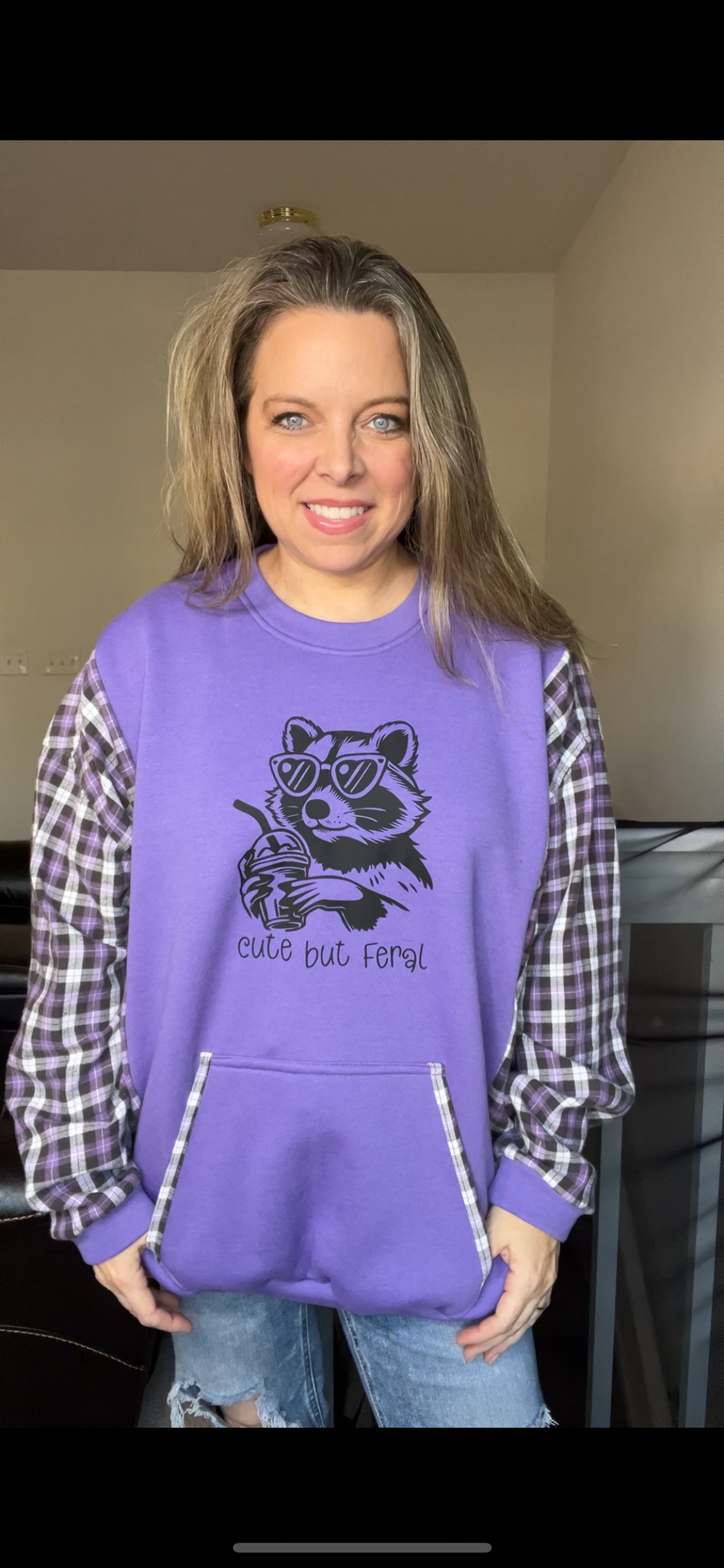 Upcycled Cute but Feral – women’s 2X/3X midweight sweatshirt with flannel sleeves