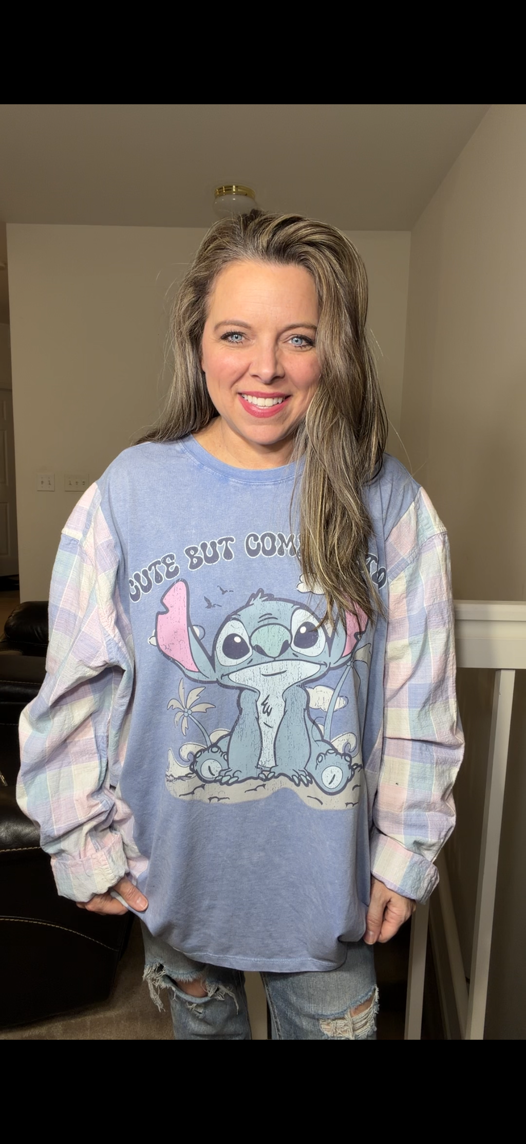 Upcycled Stitch Cute but Complicated – women's 3X/4X T-shirt with flannel sleeves ￼