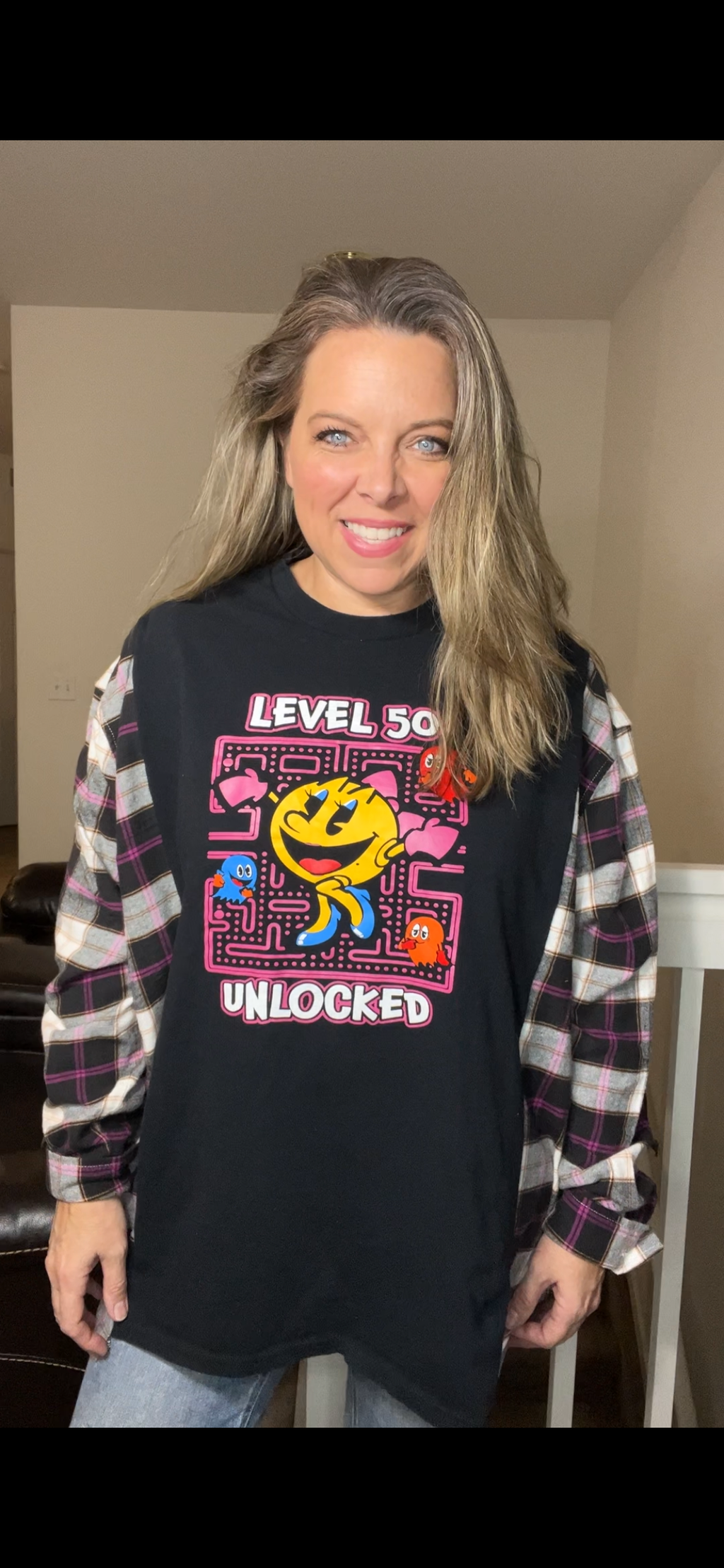 Upcycled Ms Pac-Man – women’s 3X T-shirt with flannel sleeves￼