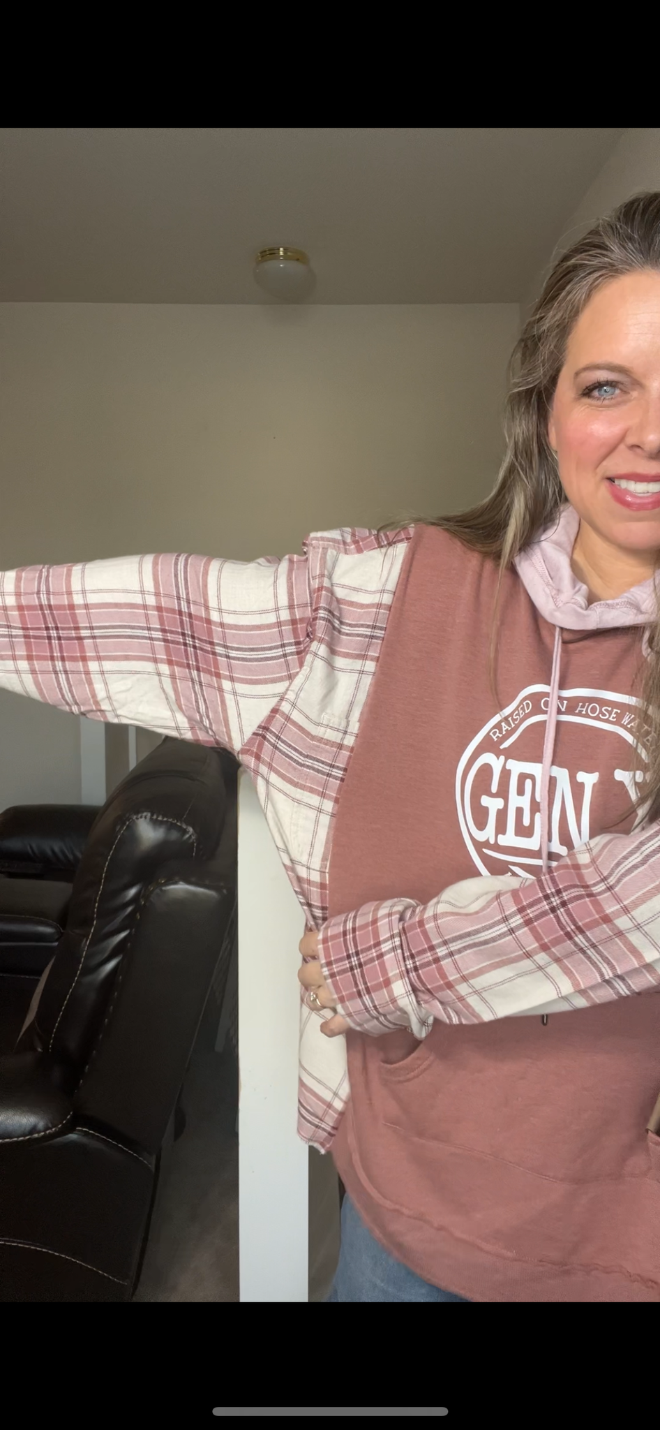 Upcycled Gen X – women’s 3X/4X midweight sweatshirt with flannel sleeves