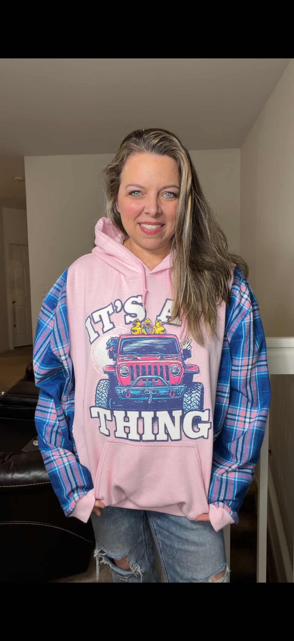 Upcycled Jeep Thing – women's 3X midweight sweatshirt with flannel sleeves