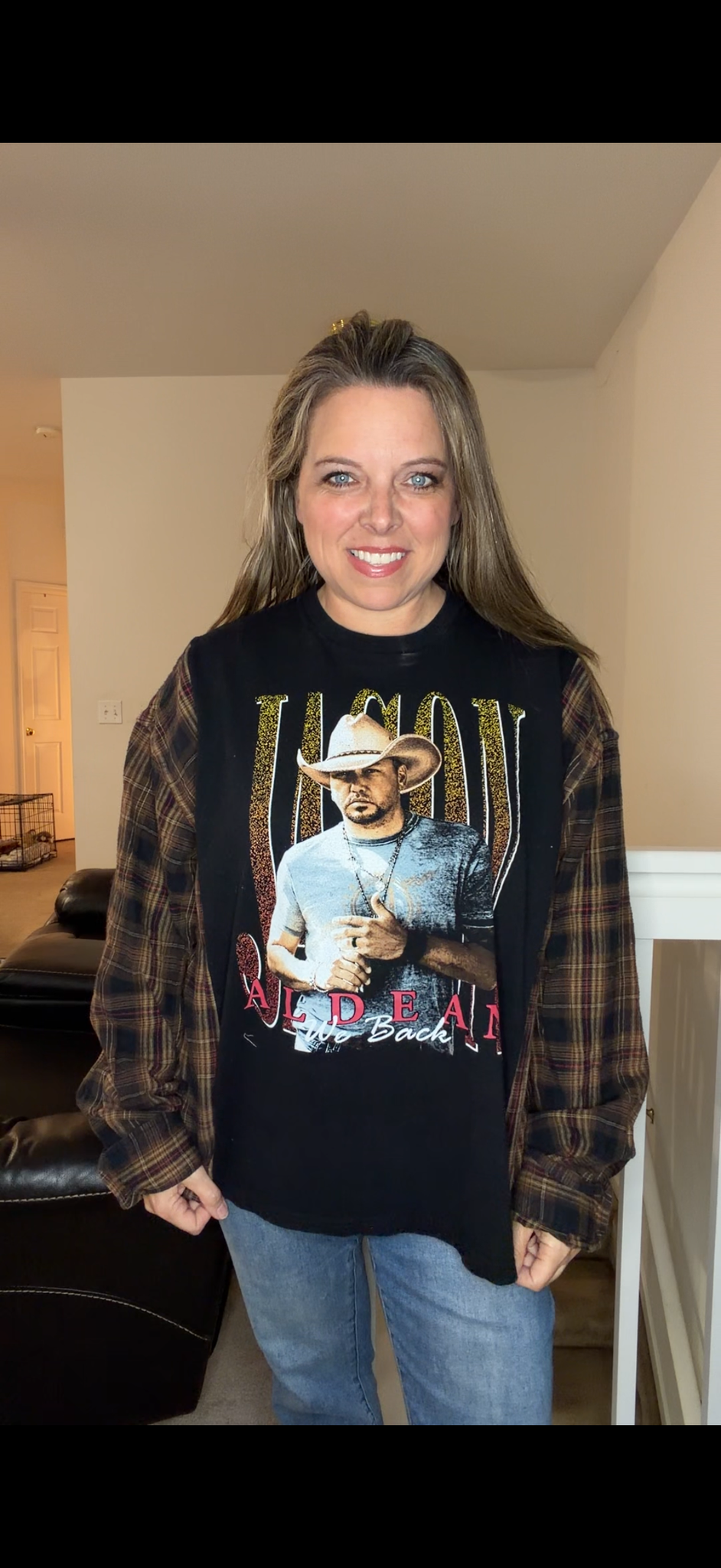 Upcycled Aldean - women's 2X T-shirt with flannel sleeves