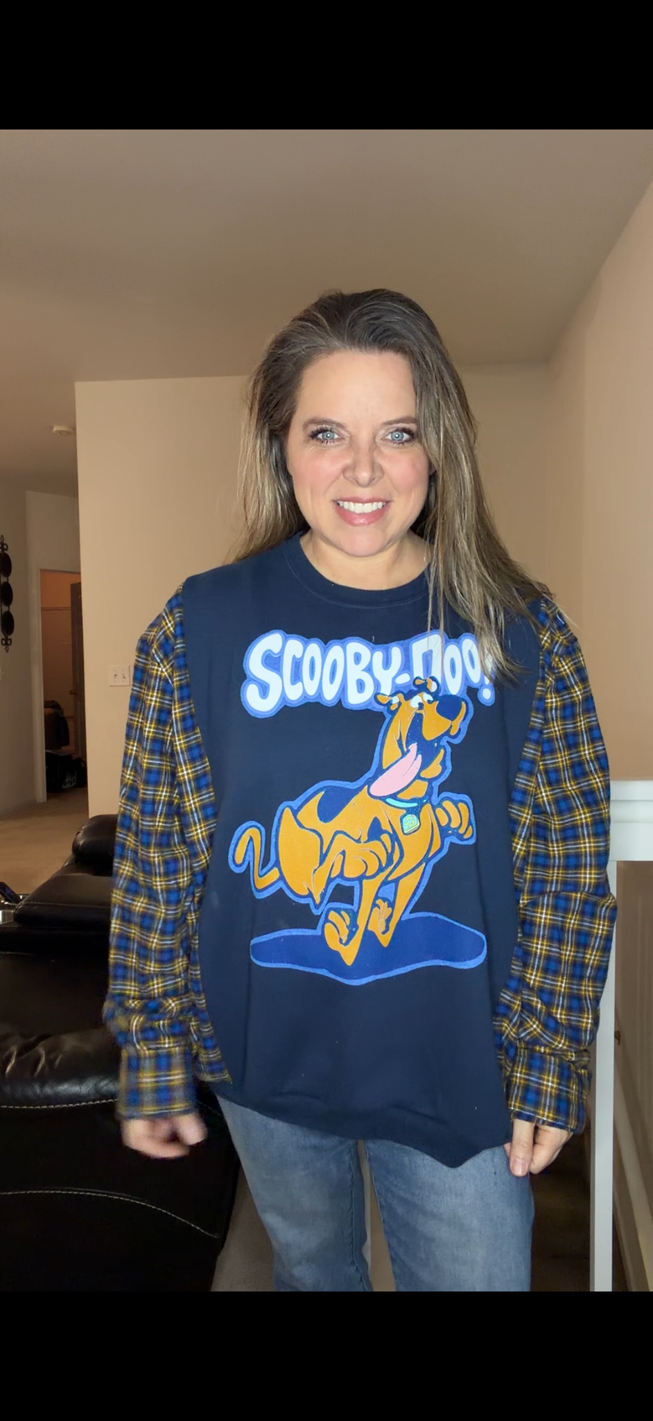 Upcycled Scooby - women's 2X midweight sweatshirt with flannel sleeves