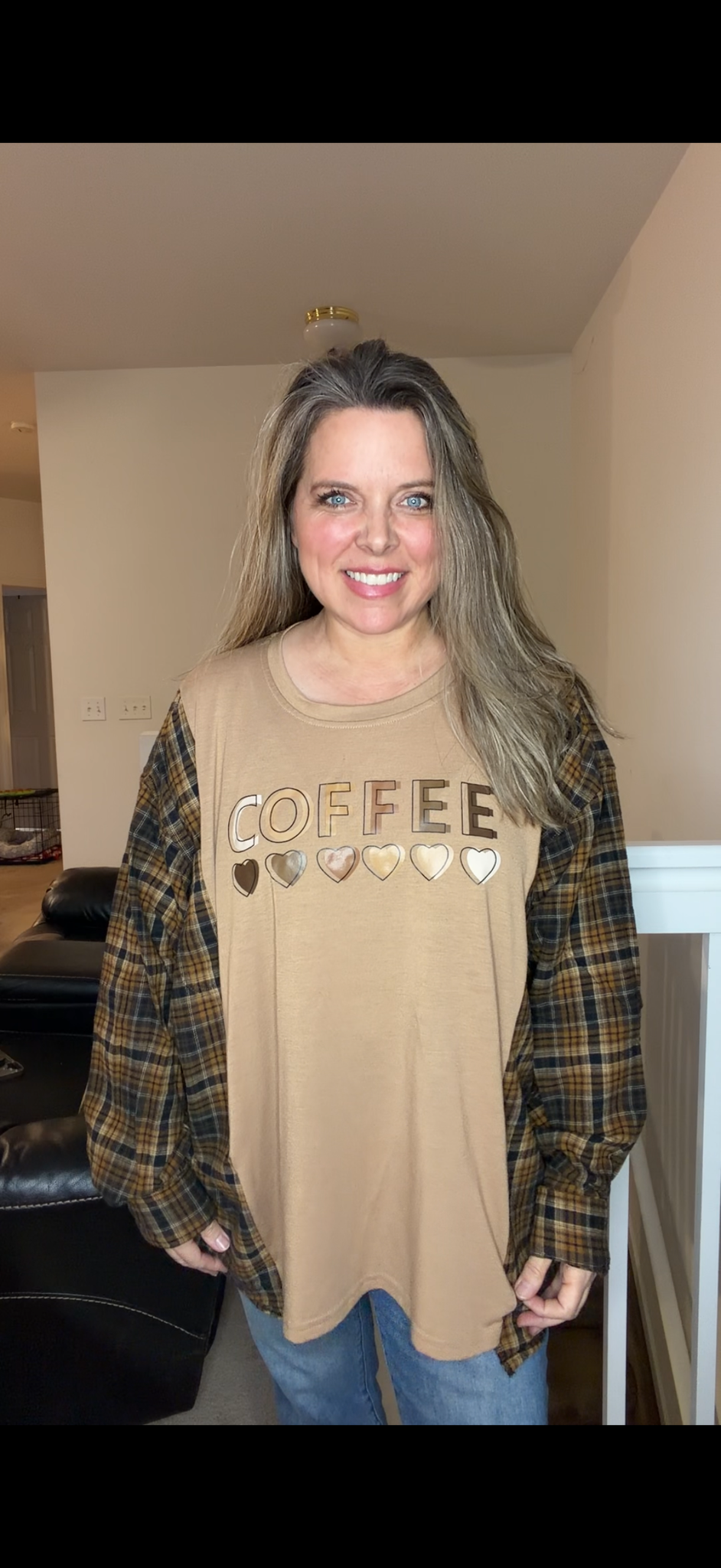 Upcycled Coffee - women's 2X/3X T-shirt with flannel sleeves