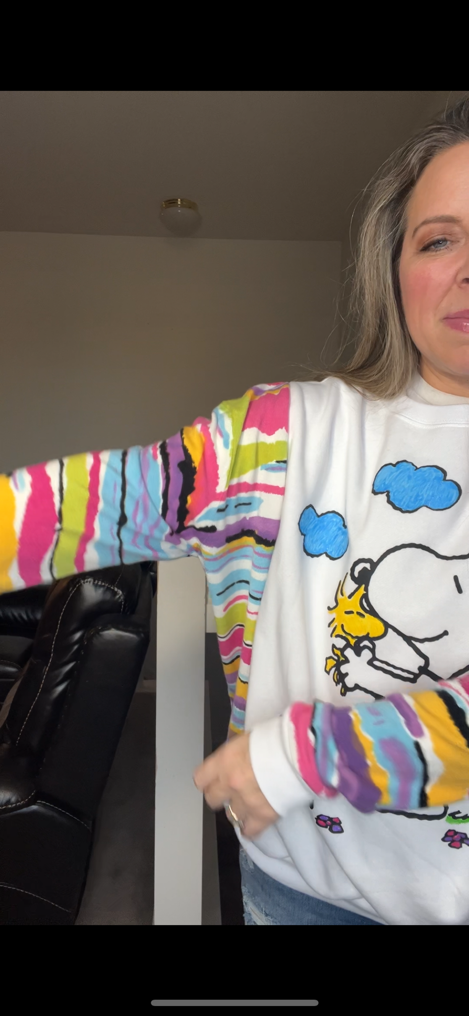 Upcycled Snoopy - Woman’s large – thin sweatshirt with fitted stretchy cotton sleeves￼ ￼