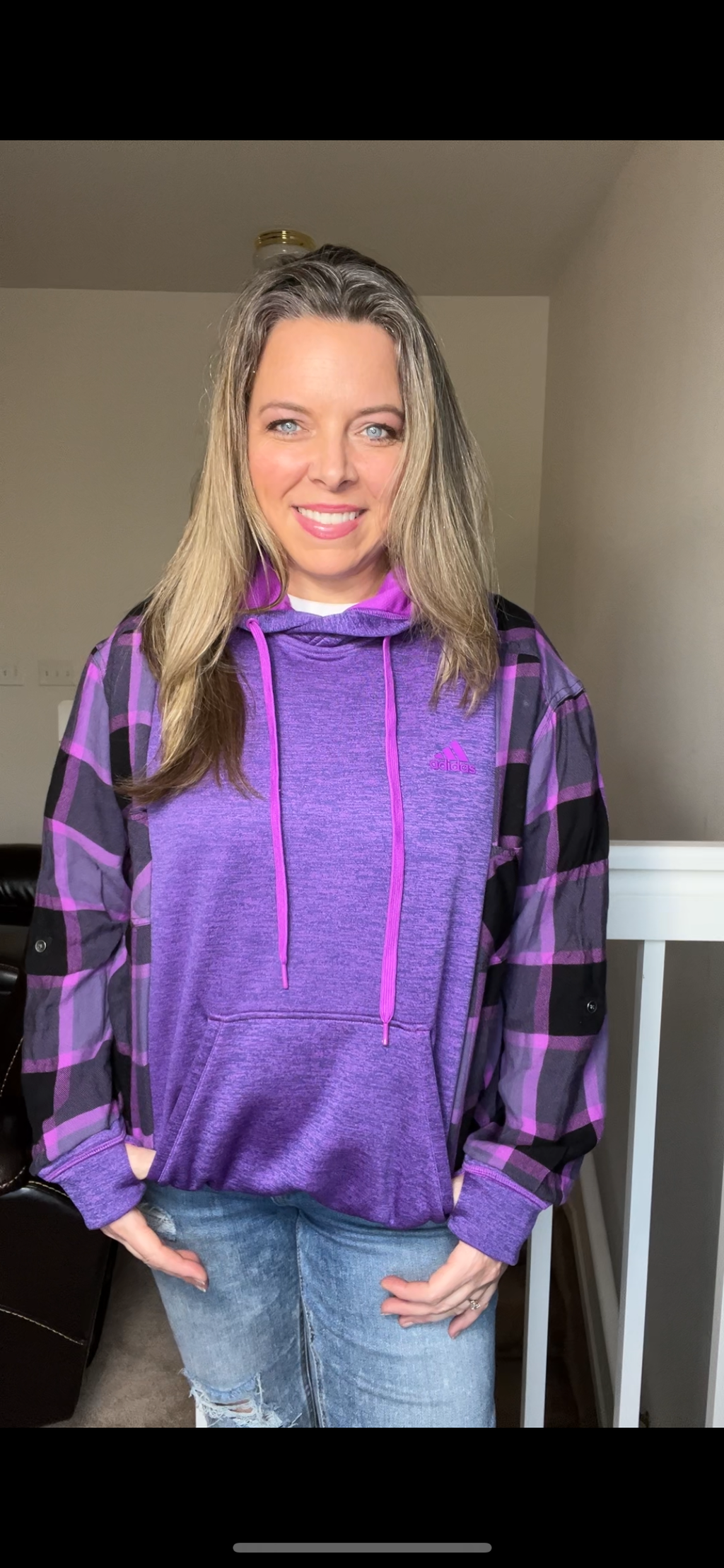 Upcycled Purple Adidas – women’s small – midweight sweatshirt with flannel sleeves – tighter bottom band￼