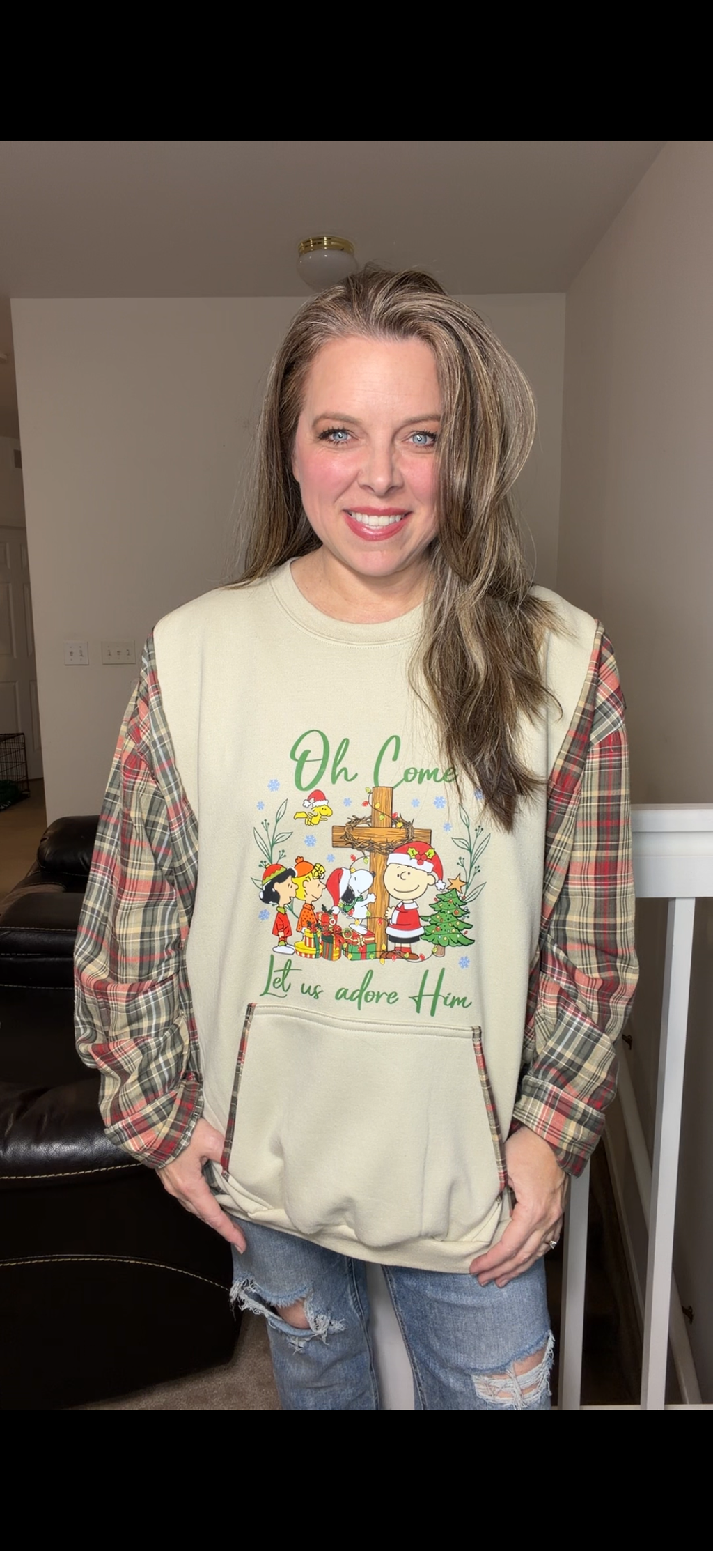 Upcycled Adore Peanuts – women's 3X midweight sweatshirt with flannel sleeves ￼