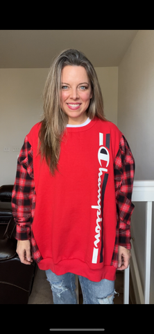 Upcycled Champion Red – women’s 4X – midweight sweatshirt with flannel sleeves￼