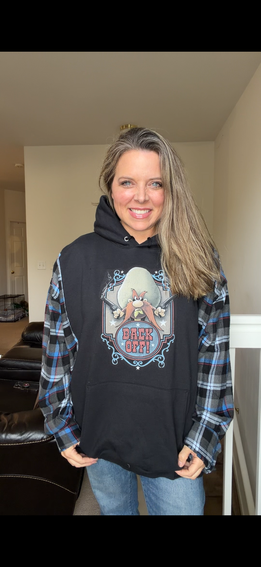 Upcycled Sam - women's 3X midweight sweatshirt with flannel sleeves