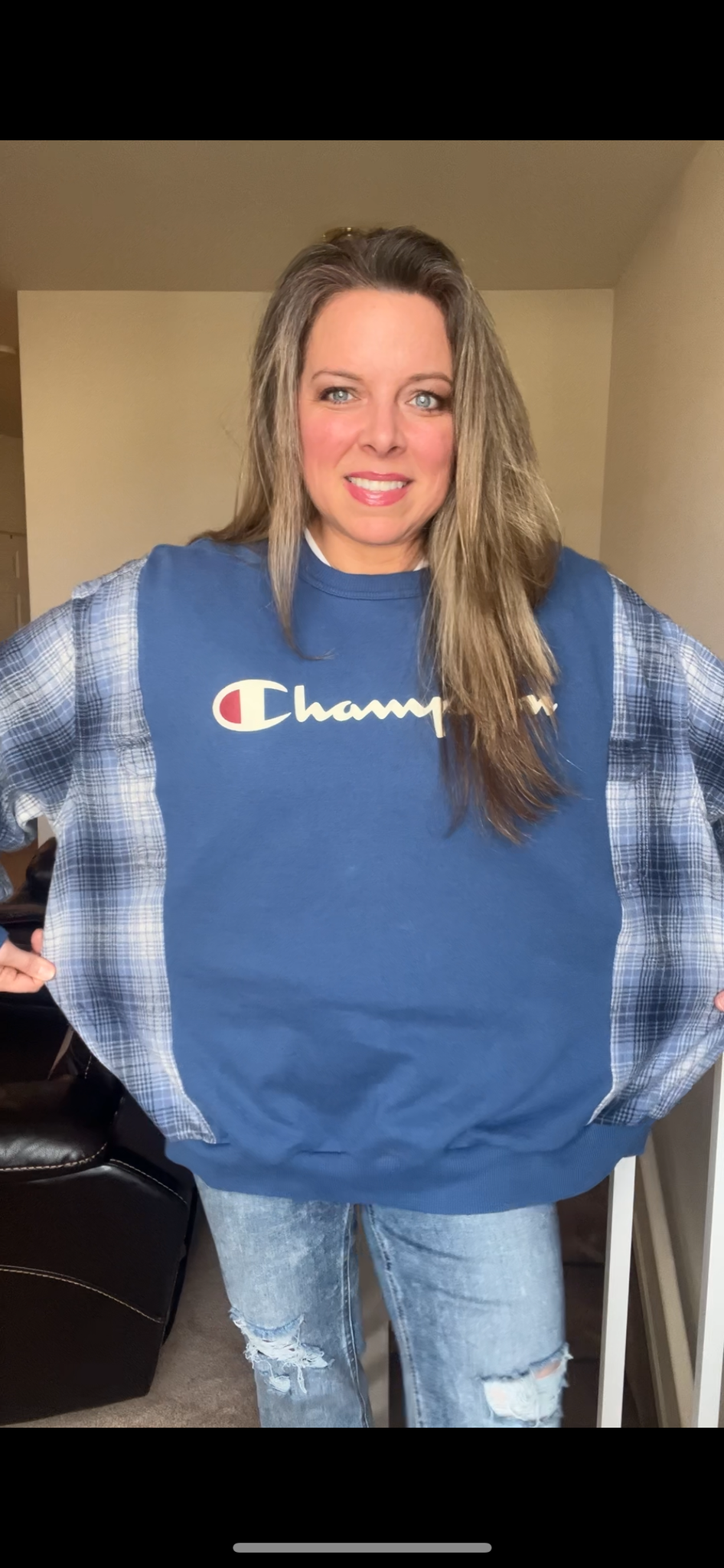 Upcycled Blue Champion - Women’s 1X – midweight sweatshirt with flannel sleeves￼