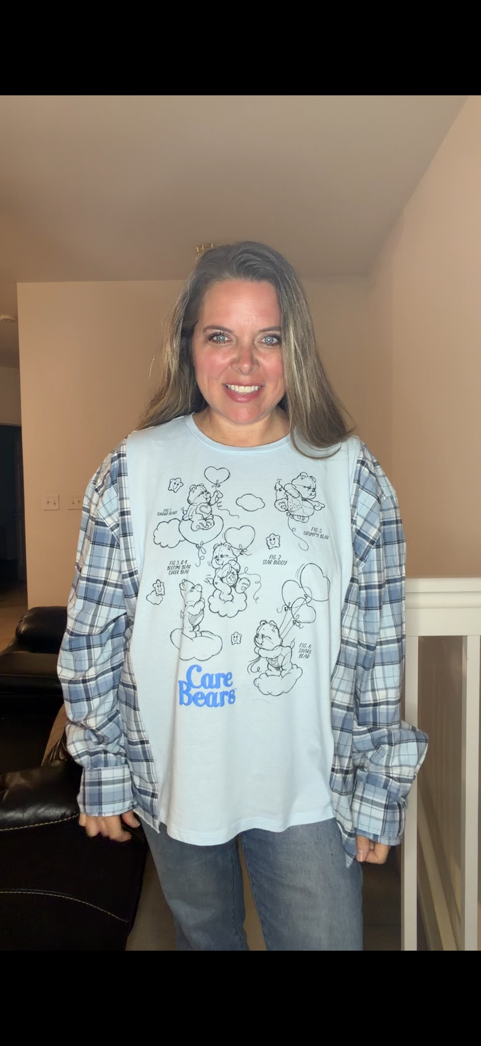 Upcycled Carebears - women's 2X T-shirt with flannel sleeves