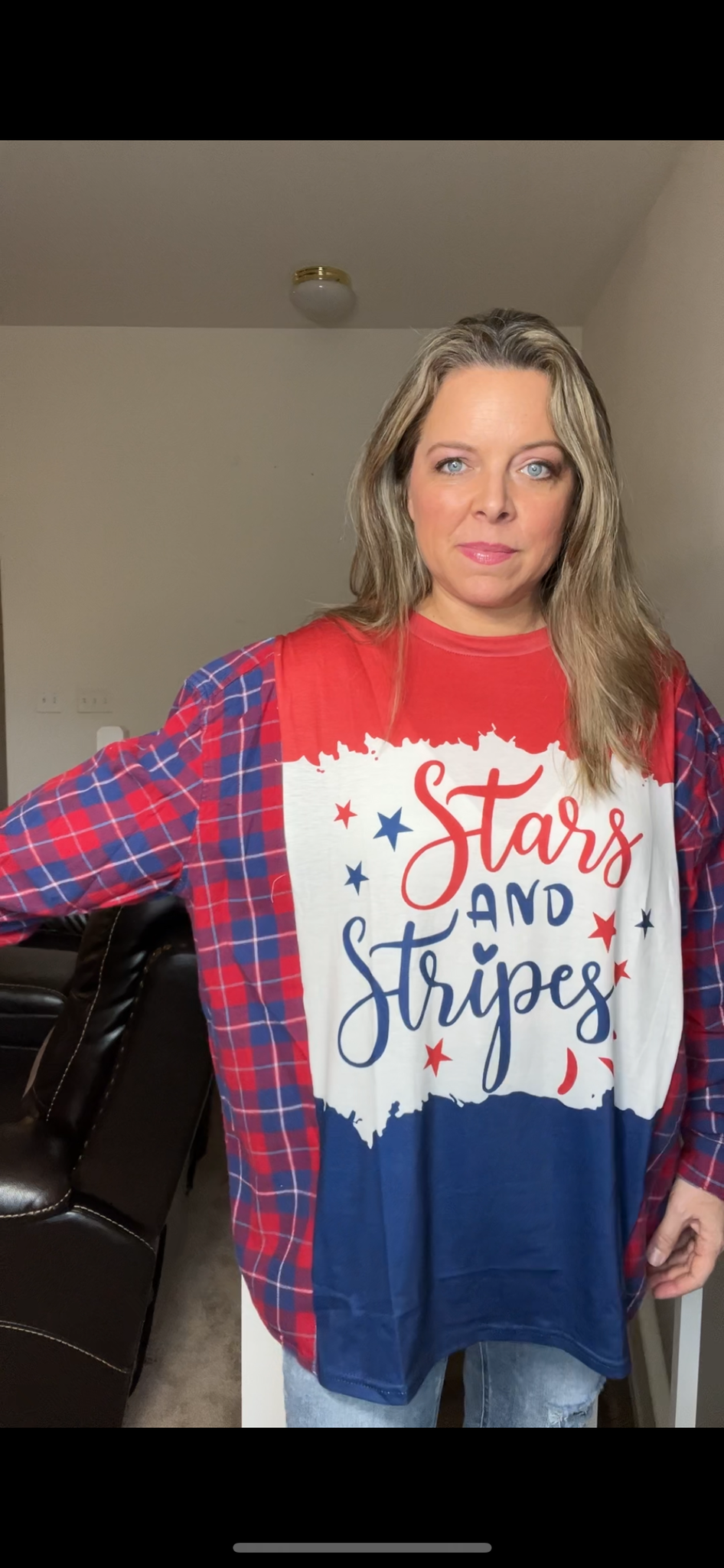 Upcycled Stars - Women’s 2X - thin T-shirt with flannel sleeves – very long, but can be shortened￼