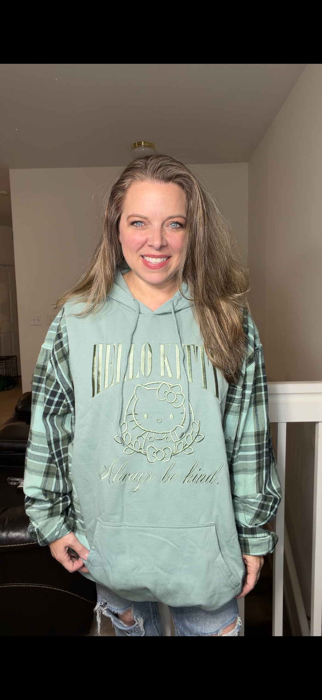 Upcycled Hello Kitty – women's 4X midweight sweatshirt with flannel sleeves ￼