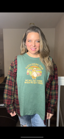 Upcycled Sloth – women’s XL/1X – thin T-shirt with flannel sleeves