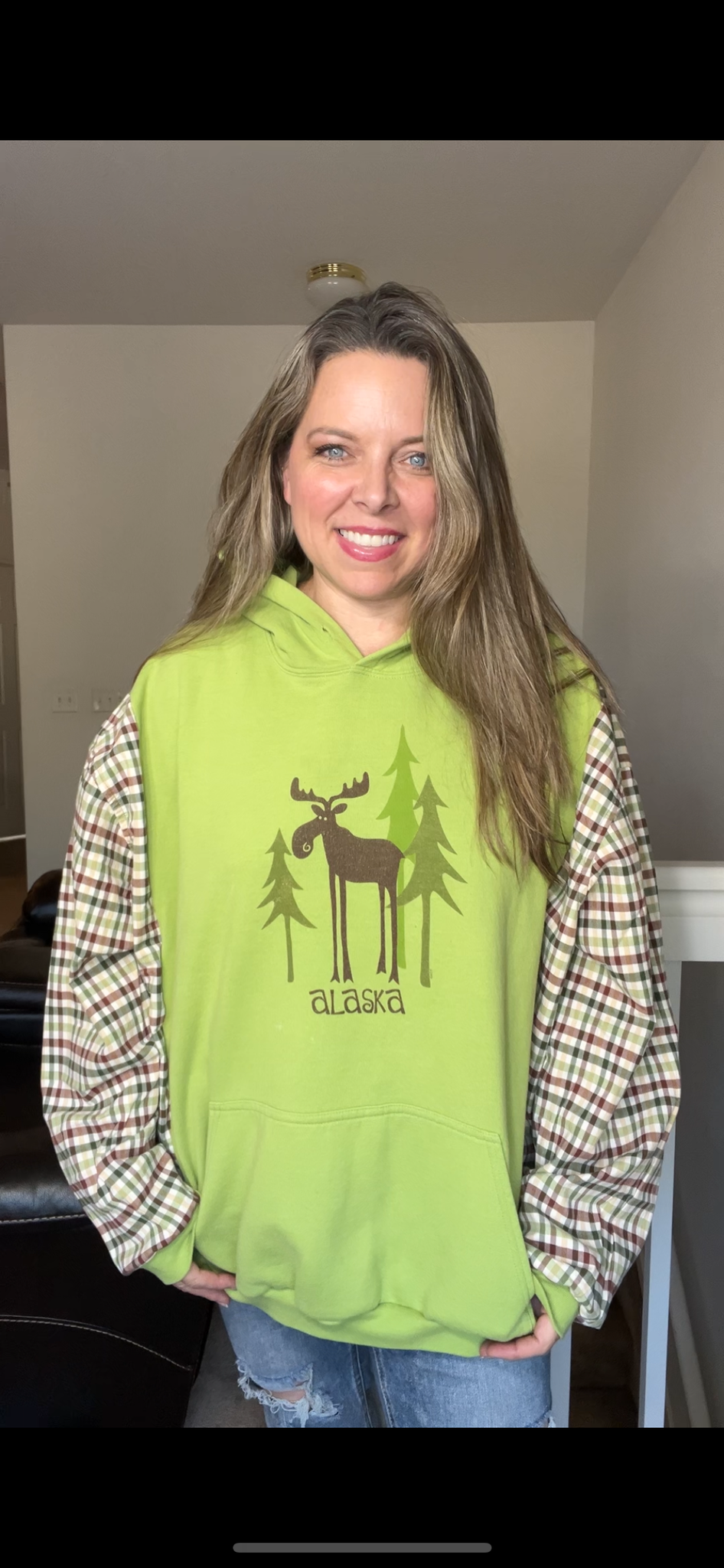 Upcycled Alaska - woman's 2X - midweight sweatshirt with flannel sleeves