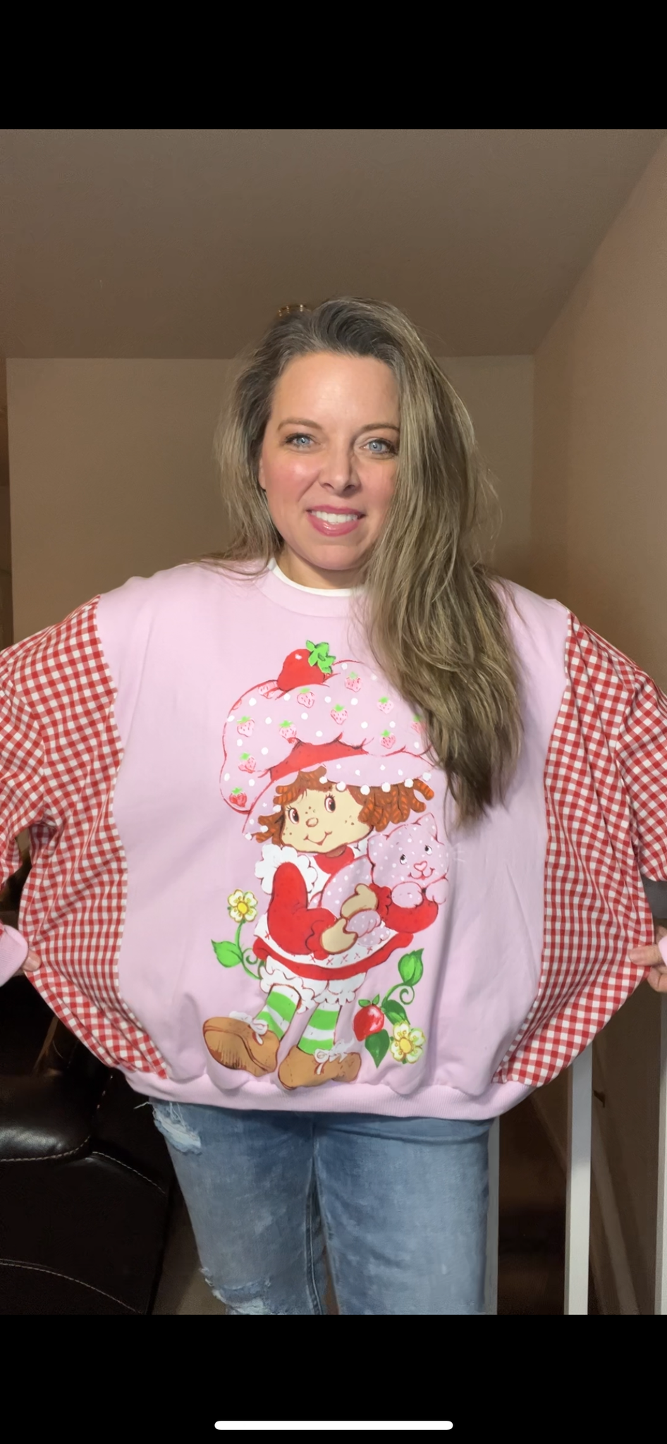 Upcycled Strawberry - woman’s XL - midweight sweatshirt with cotton sleeves