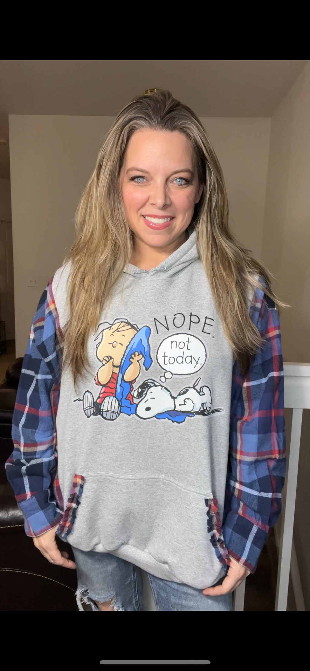 Upcycled Linus – women’s 3X midweight sweatshirt with flannel sleeves