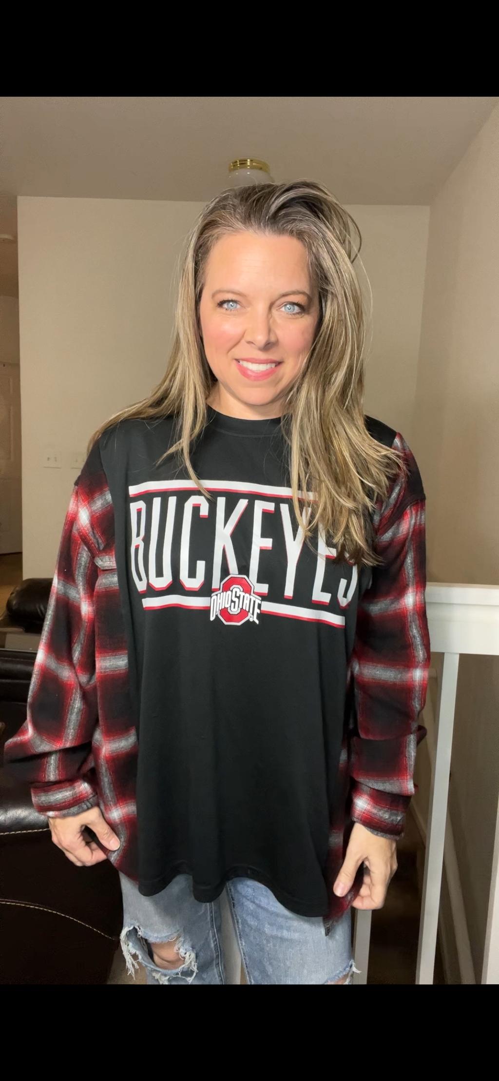 Upcycled Ohio state – women’s 2X dry, fit T-shirt with flannel sleeves