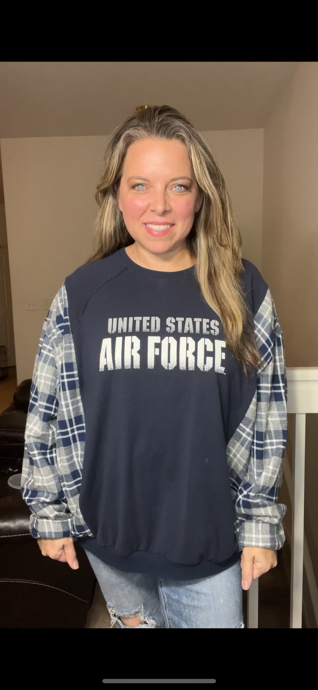 Upcycled Air Force – women’s 2X – Tshirt with flannel sleeves