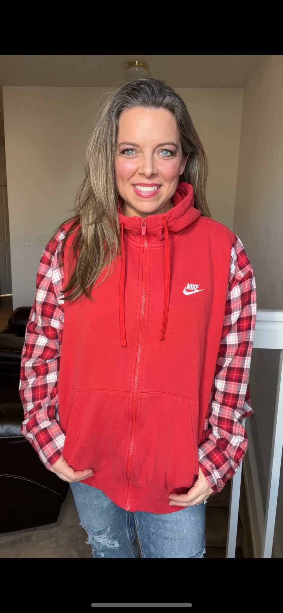 Upcycled Red Nike – women’s XL - soft, thick sweatshirt with flannel sleeves￼