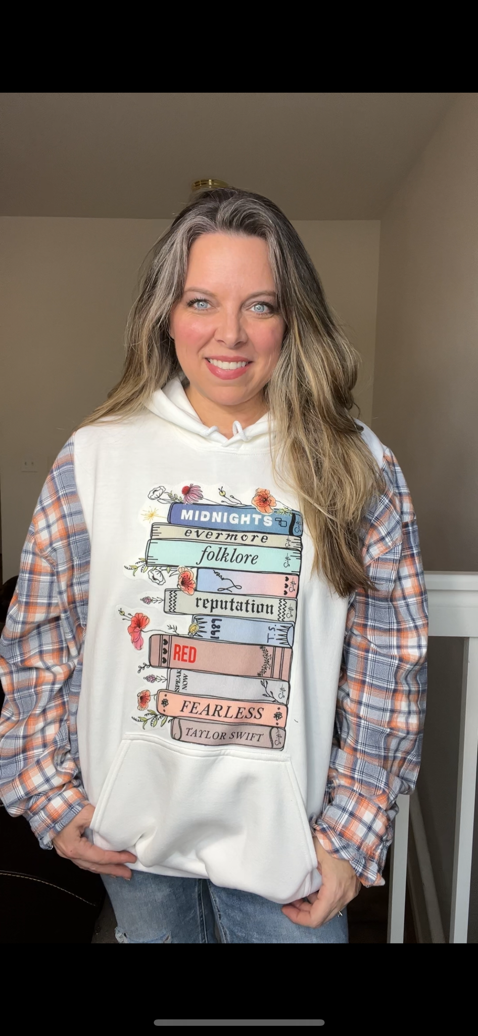 Upcycled Taylor Swift – women’s 3X midweight sweatshirt with flannel sleeves
